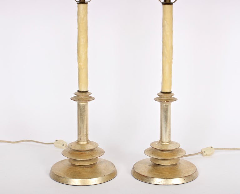 Pair of Style Gilt and Waxed Candlestick Bedside Lamps