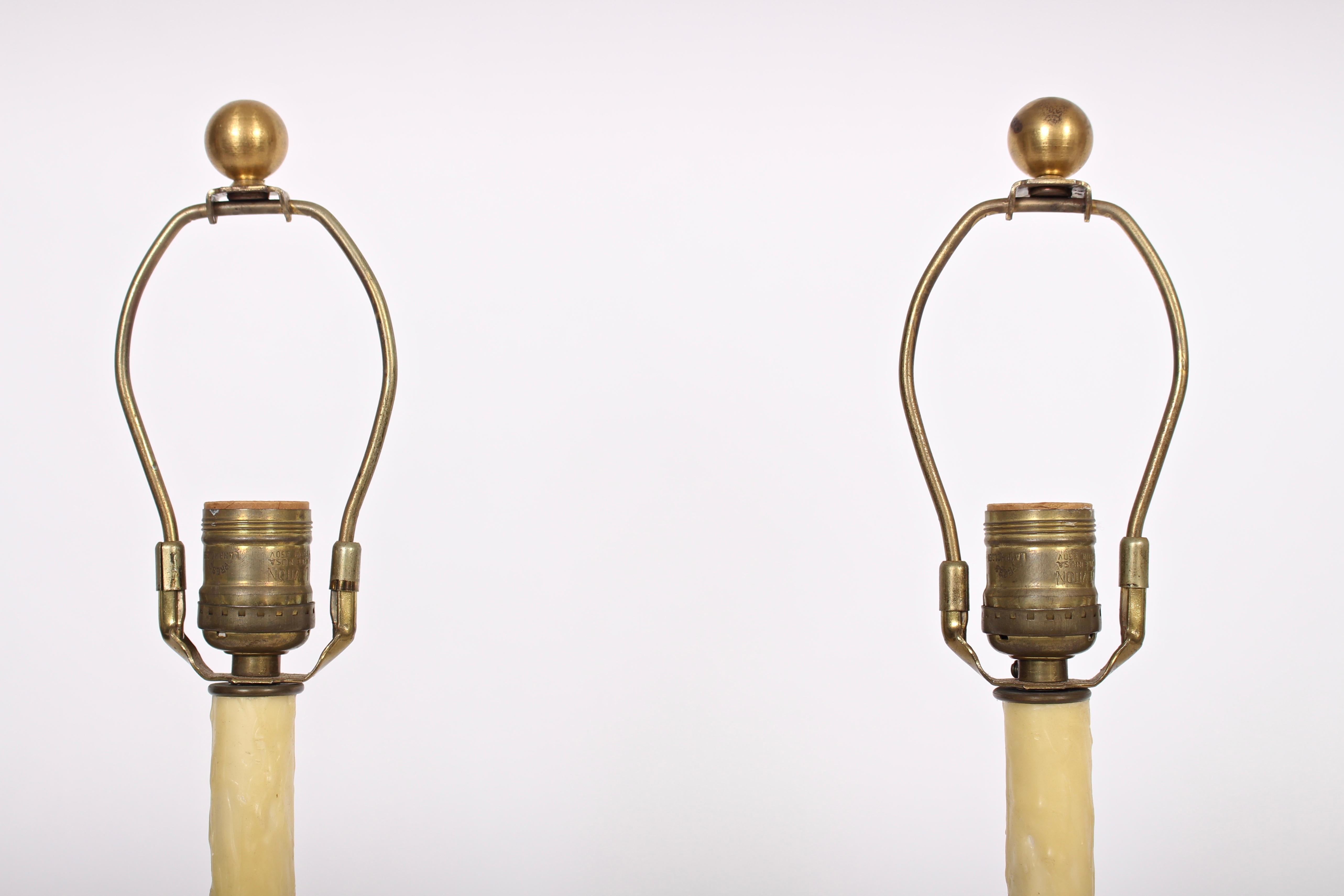 Wood Pair of Giacometti Style Gilt and Waxed Candlestick Bedside Lamps, 1940s