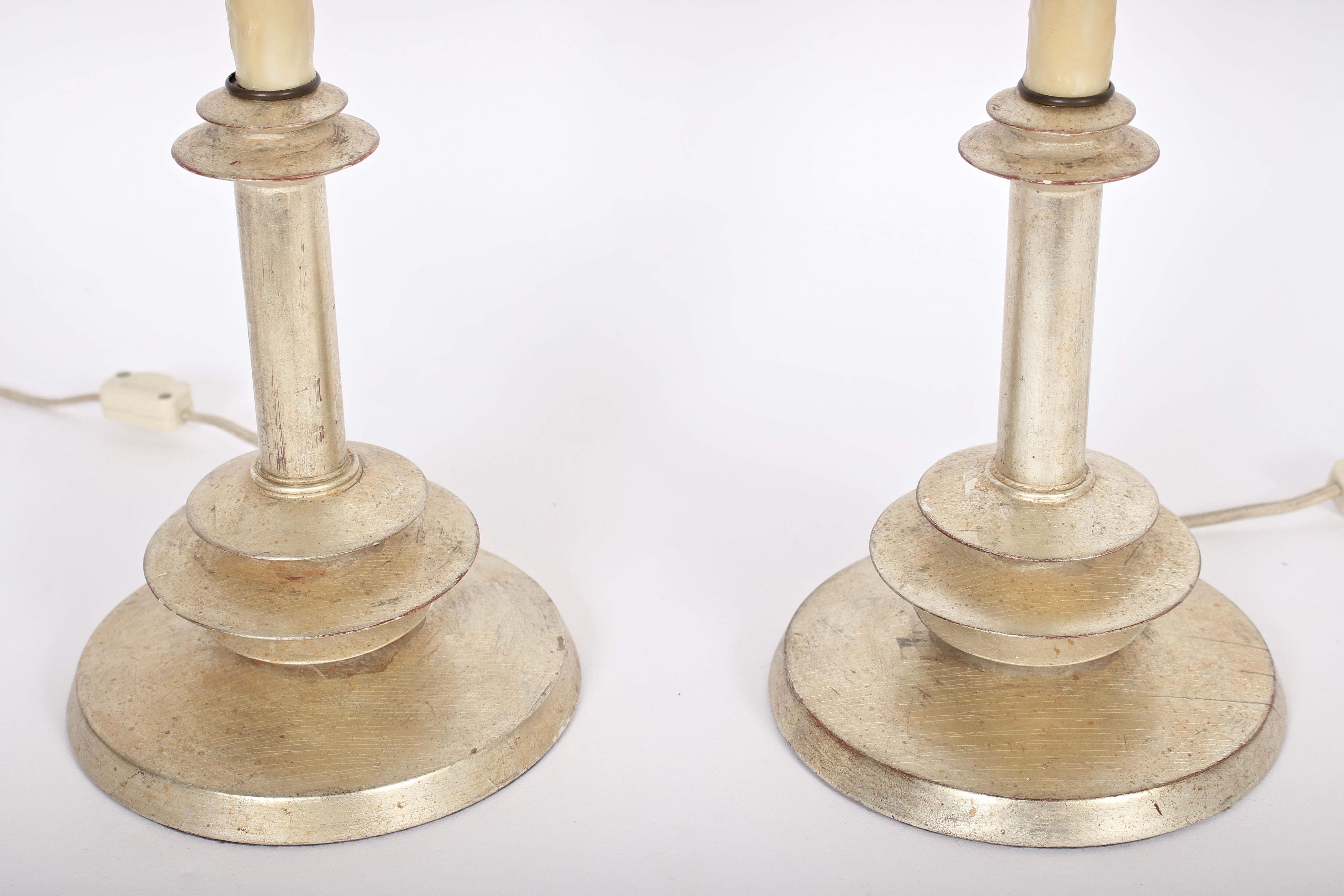 Pair of Giacometti Style Gilt and Waxed Candlestick Bedside Lamps, 1940s 1