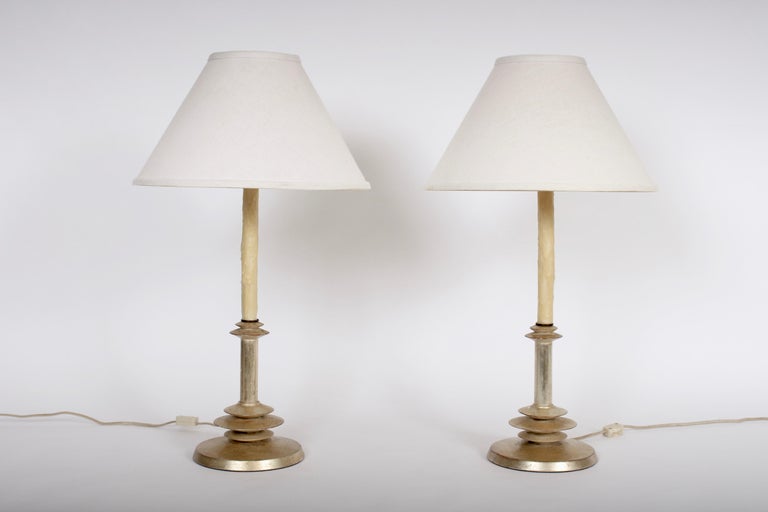 Pair of Style Gilt and Waxed Candlestick Bedside Lamps