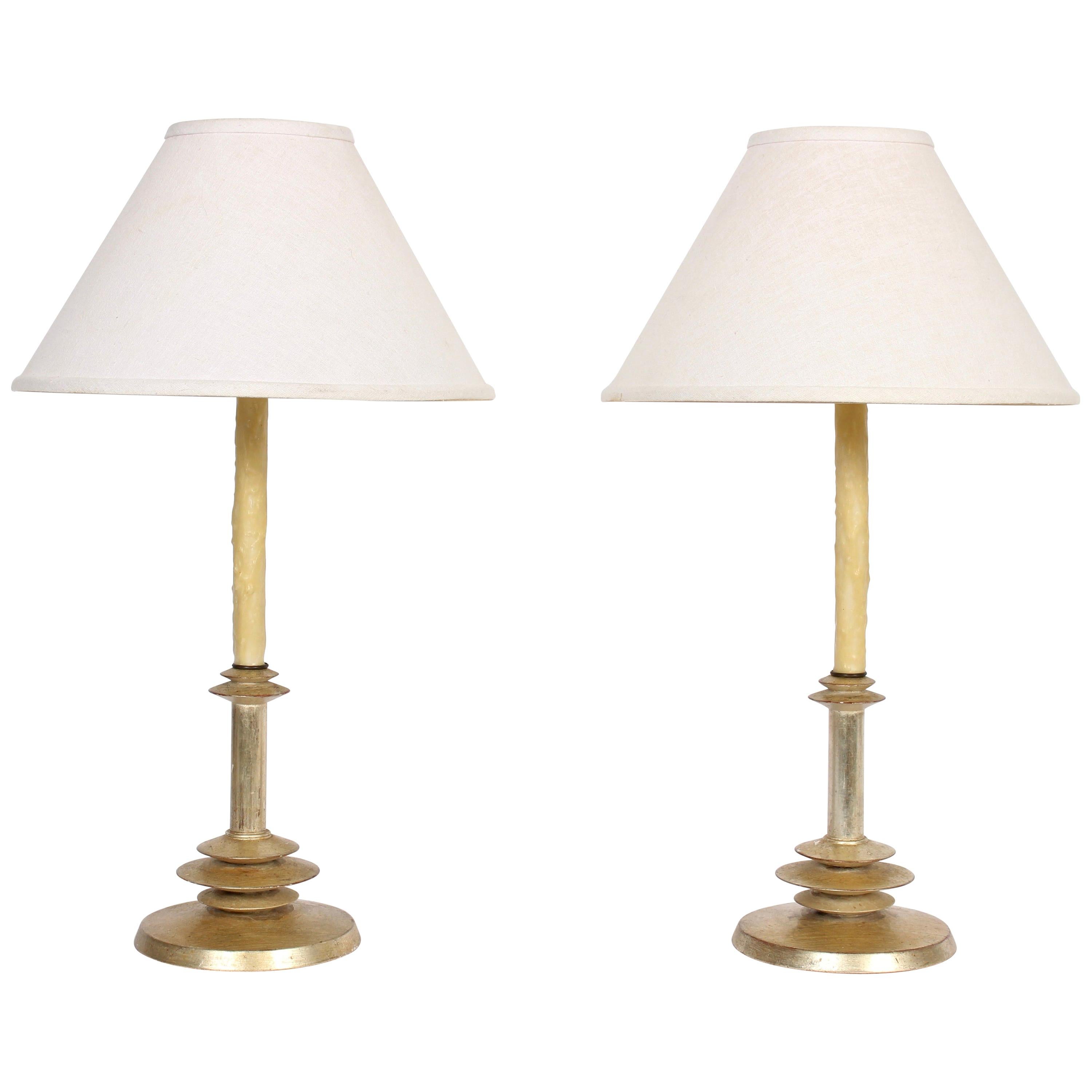 Pair of Giacometti Style Gilt and Waxed Candlestick Bedside Lamps, 1940s