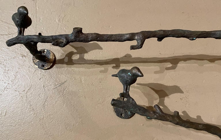 Giacometti Style Naturalistic Patinated Bronze Wall Sculptures with Birds, Pair In Good Condition For Sale In Milford, NH