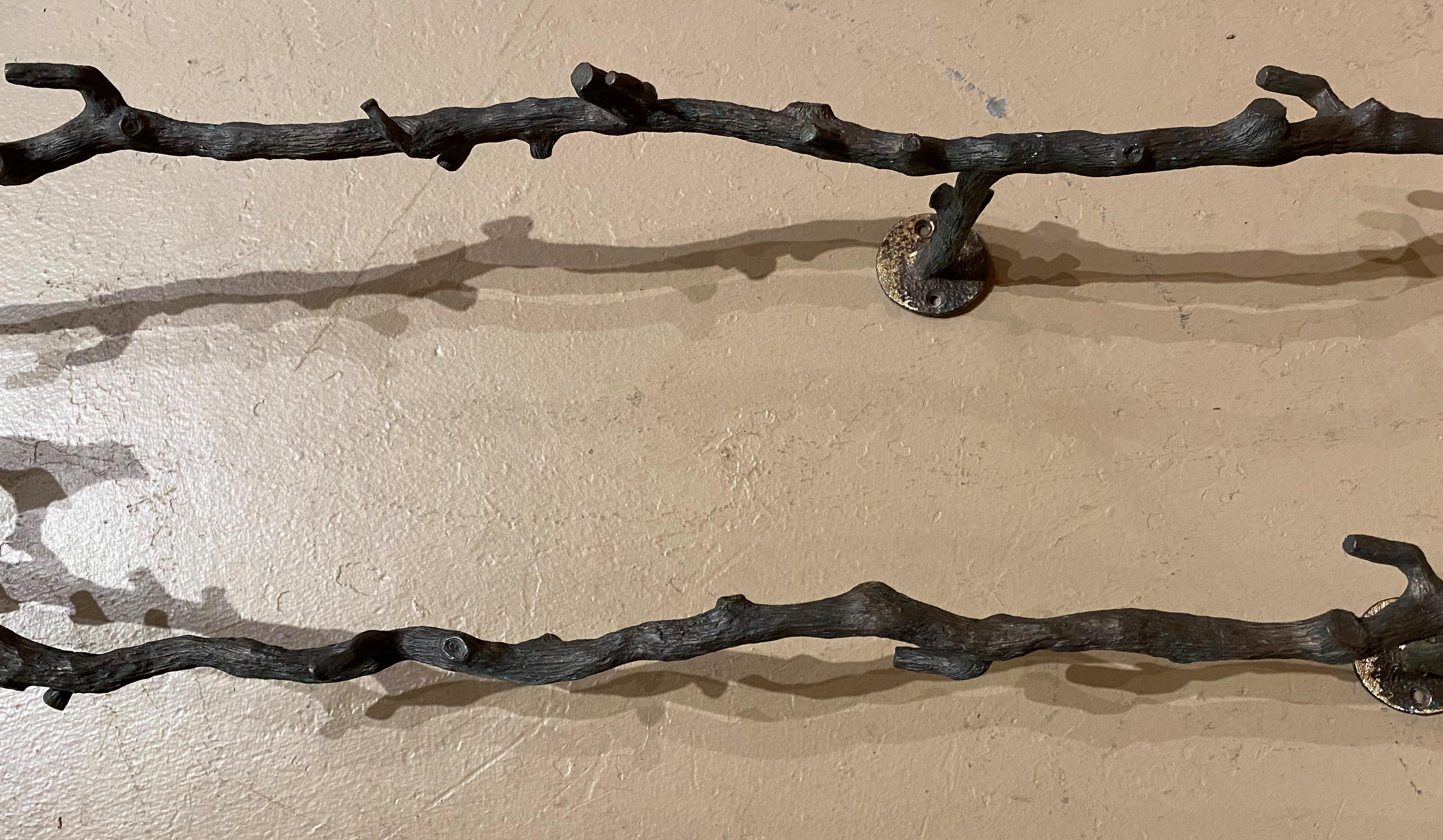 20th Century Giacometti Style Naturalistic Patinated Bronze Wall Sculptures with Birds, Pair