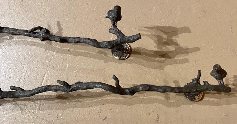 Giacometti Style Naturalistic Patinated Bronze Wall Sculptures with Birds, Pair 1