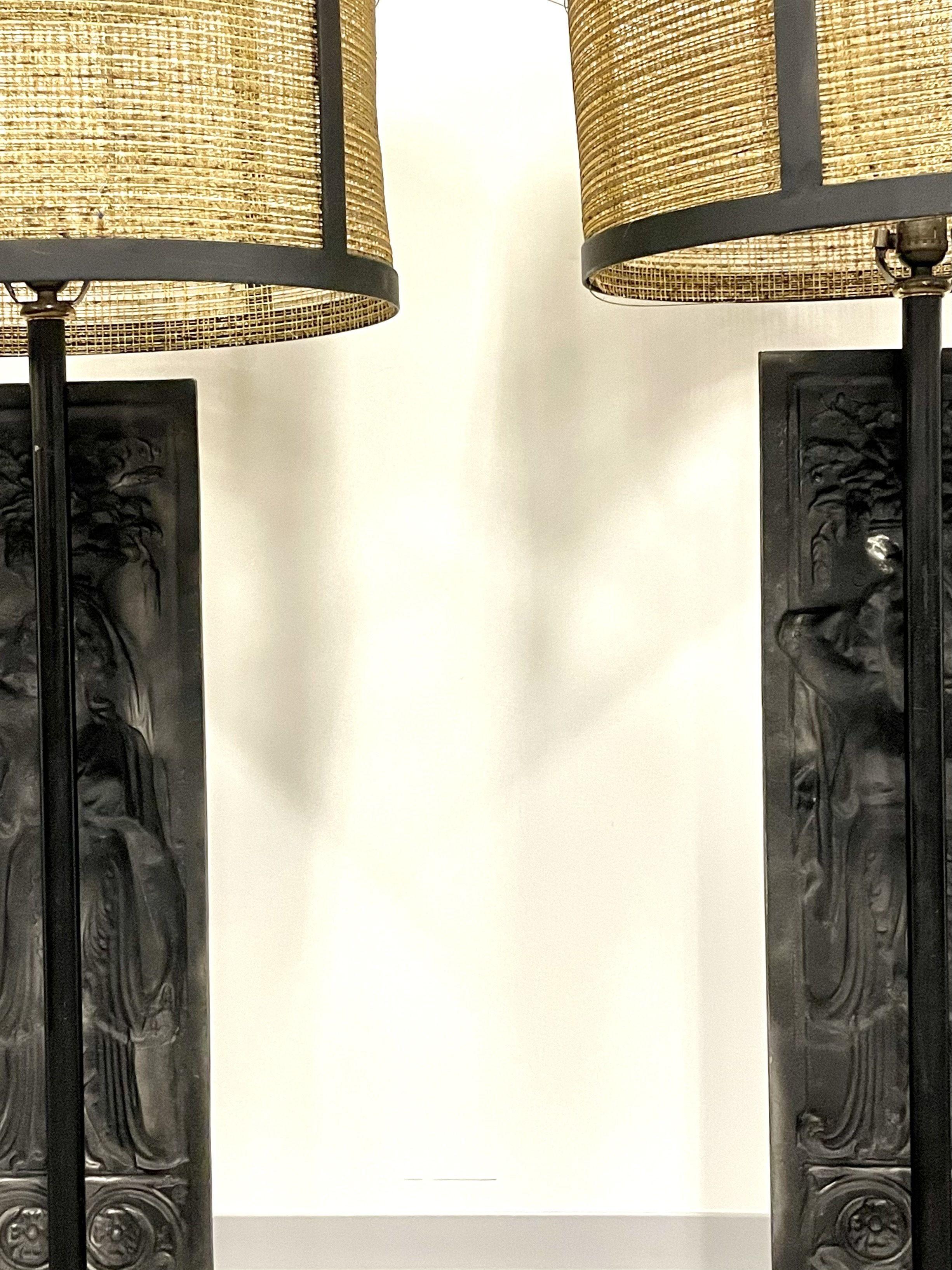 Pair of Giacometti Style Palatial Table Lamps, Custom Shades, Grecian, Metal For Sale 10