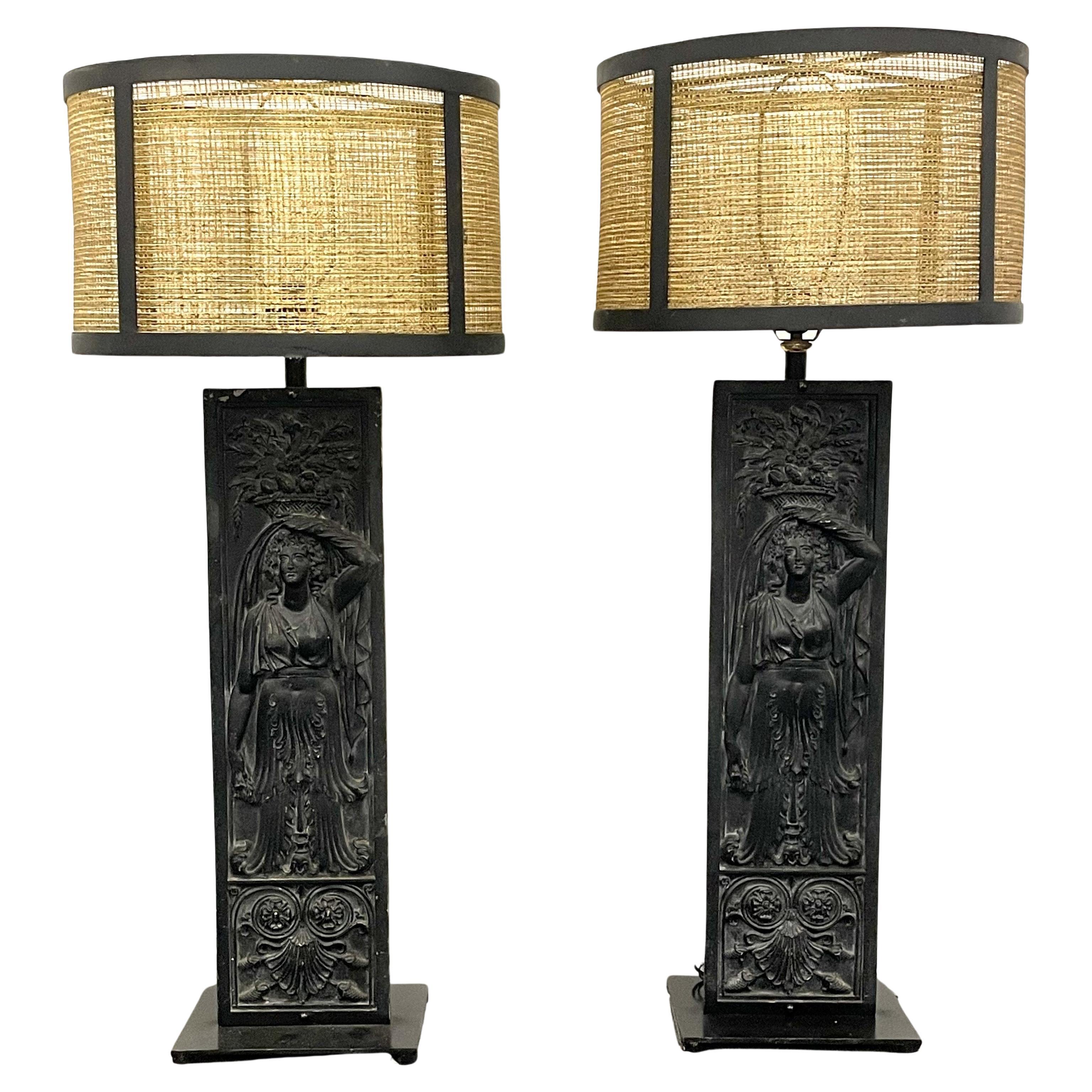 Pair of Giacometti Style Palatial Table Lamps, Custom Shades, Grecian, Metal For Sale