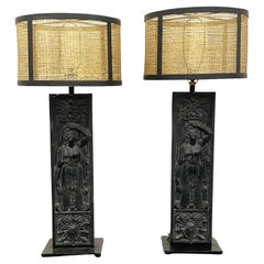 Pair of Giacometti Style Palatial Table Lamps, Custom Shades, Grecian, Metal