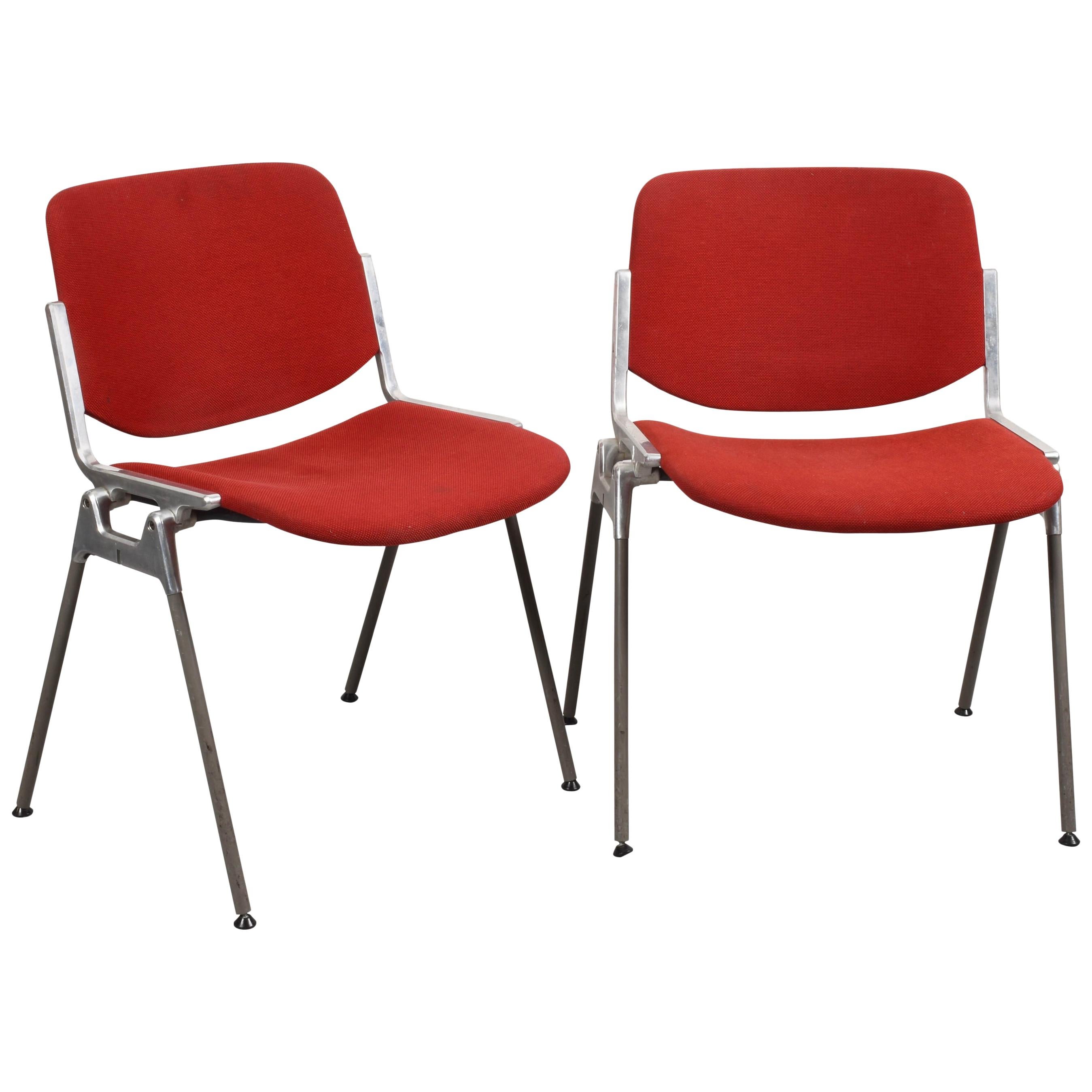 Pair of Giancarlo Piretti Red Fabric DSC 106 Italian Chairs for Castelli, 1960s