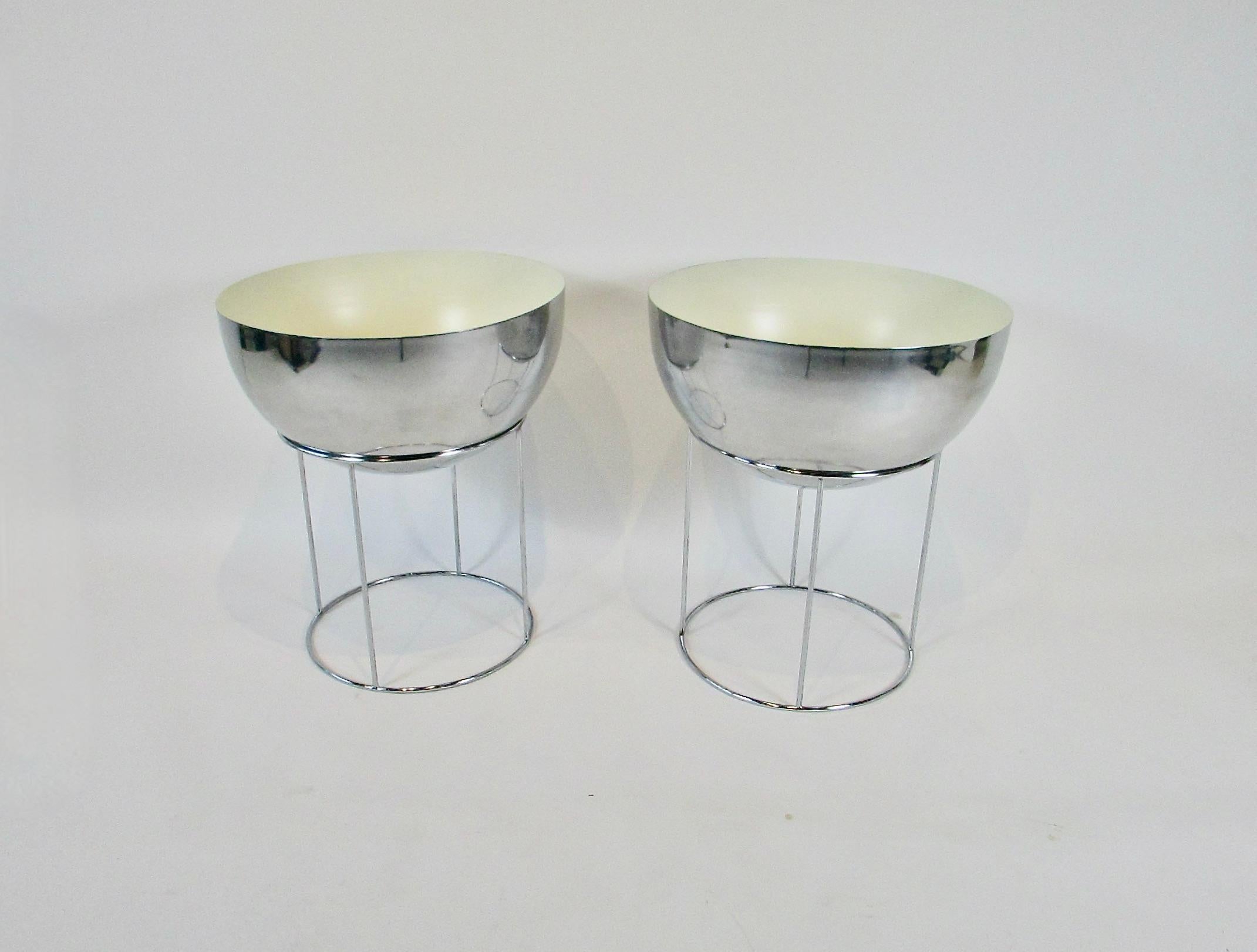 Pair of giant Hugh Acton modernist aluminum on chrome stands planter pots In Good Condition For Sale In Ferndale, MI