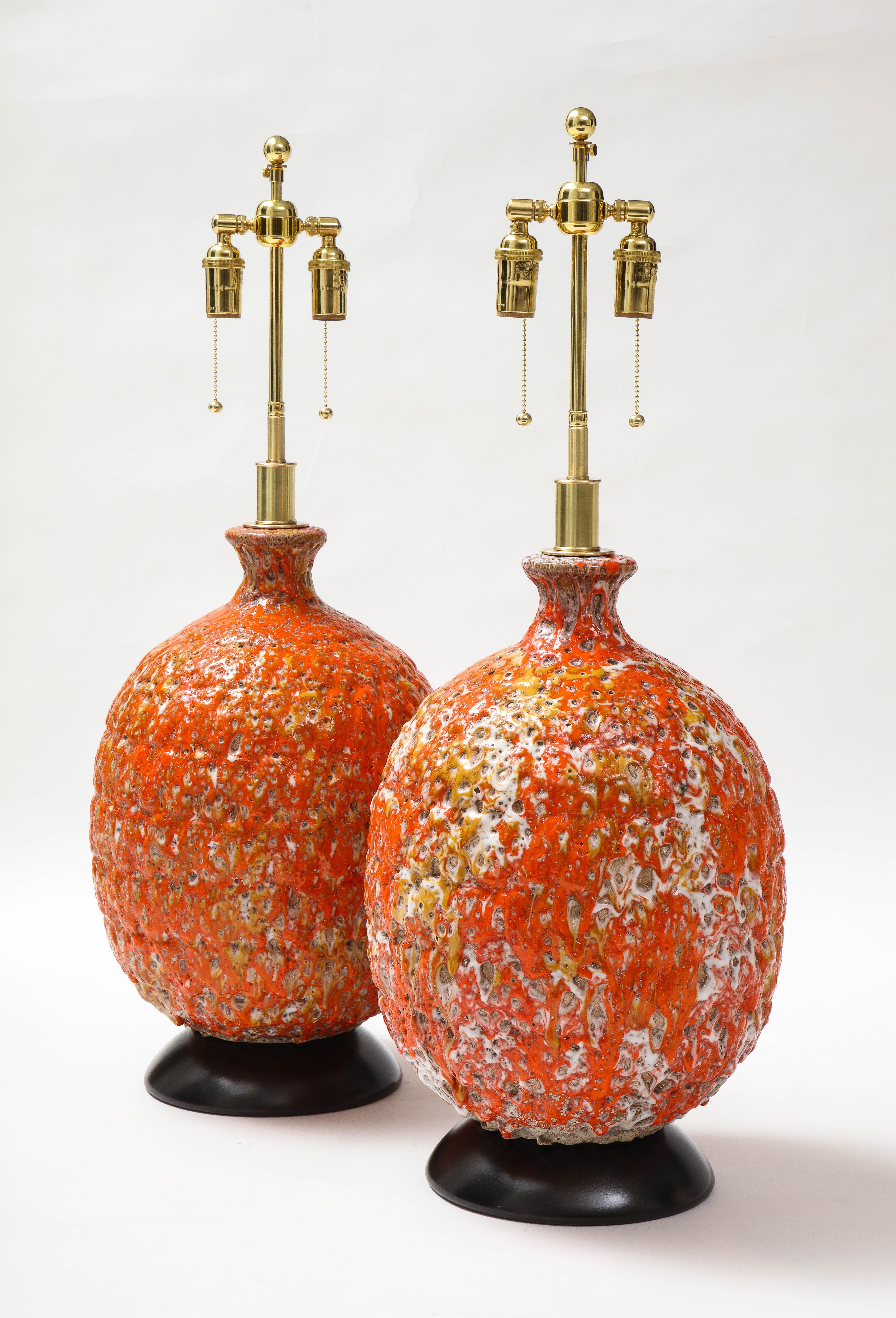 Mid-Century Modern Pair of Giant Italian Volcanic Glazed Ceramic Lamps For Sale