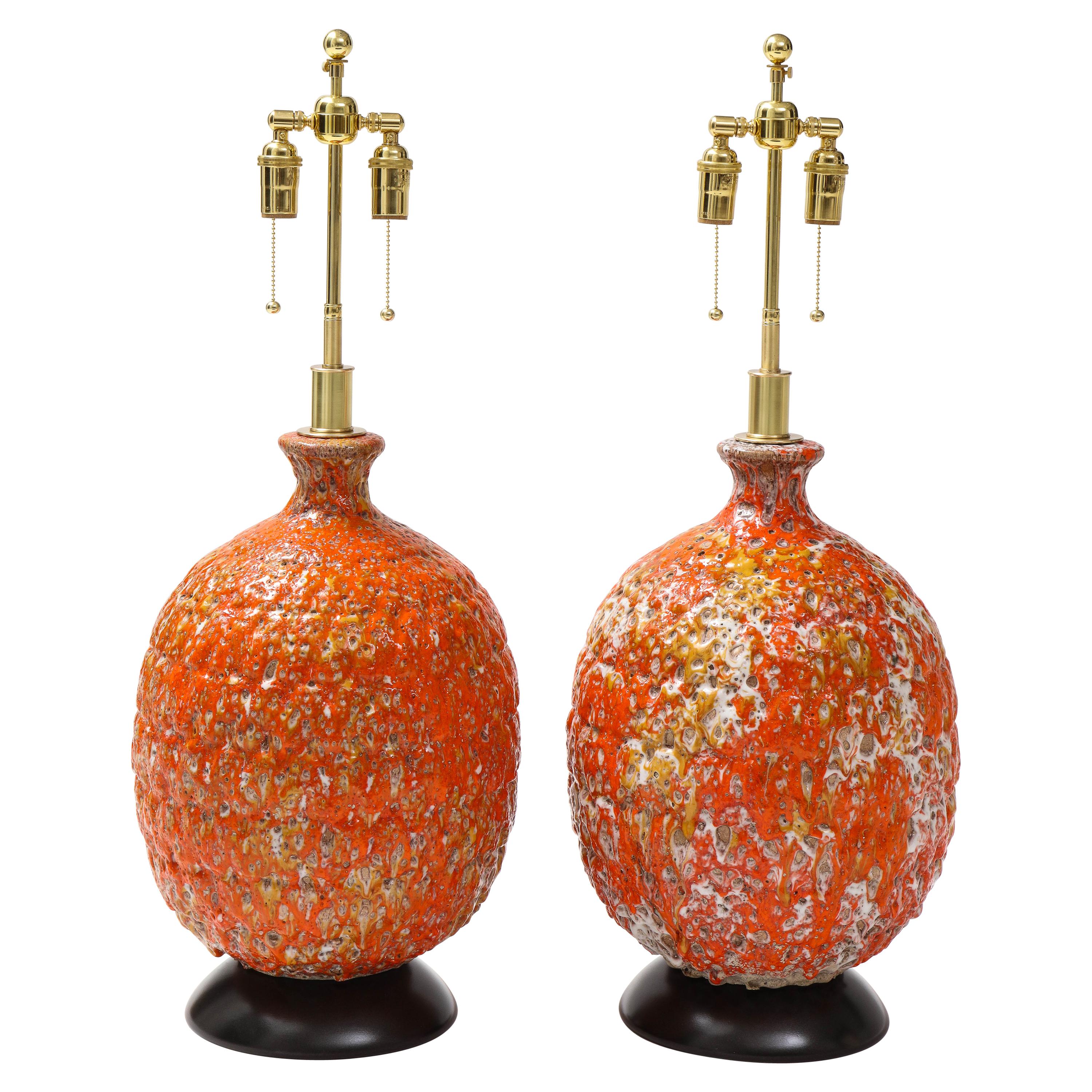 Pair of Giant Italian Volcanic Glazed Ceramic Lamps