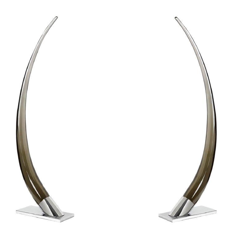 Pair of Giant Tusks in Smoke Lucite and Nickel