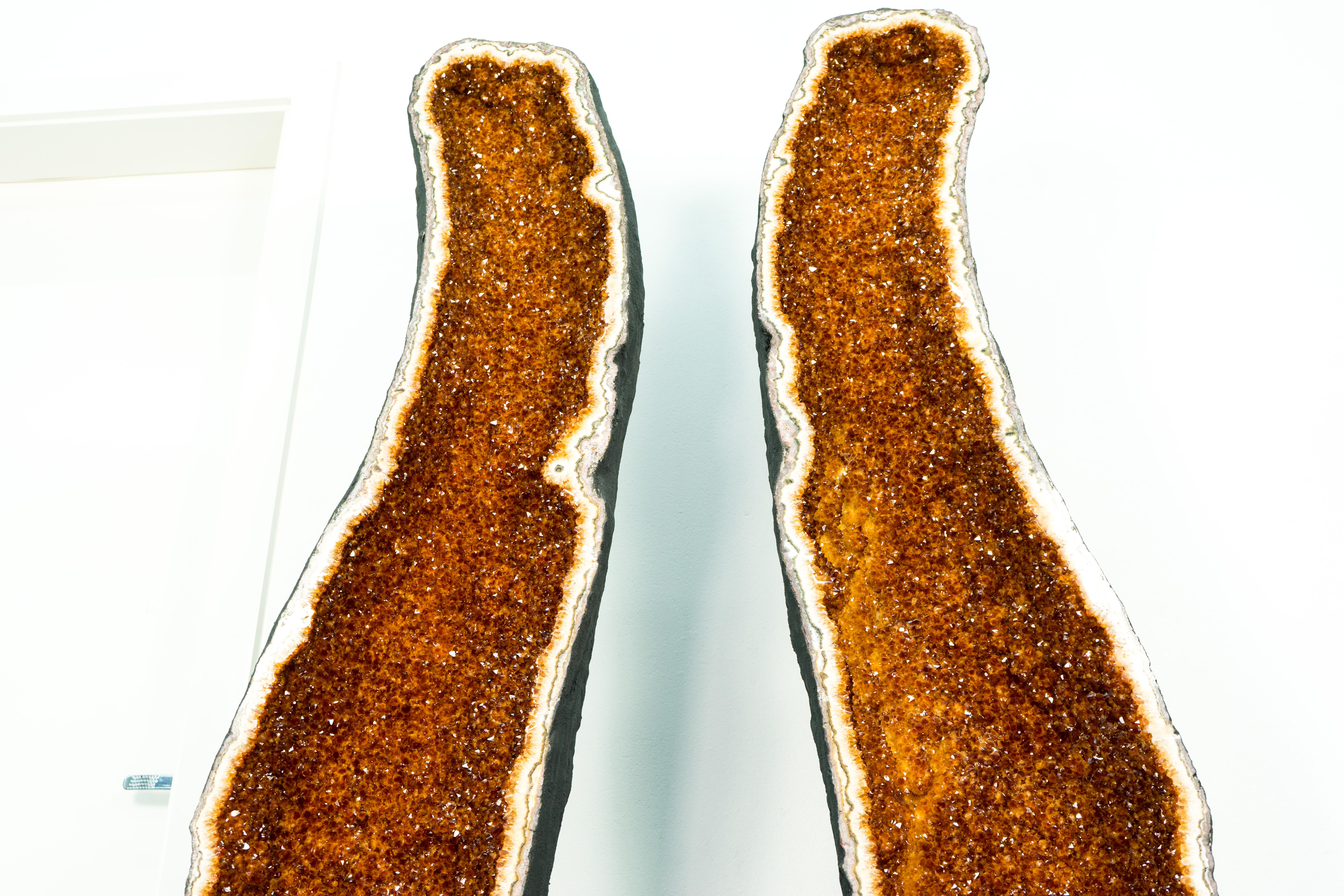 Agate Pair of Giant XL Citrine Cathedral Geodes (5.71 Feet) with AAA Deep Orange Druzy For Sale