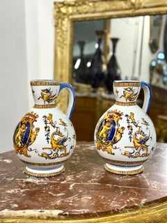 Pair of Gien Renaissance Revival Faience Pitchers, 19th Century