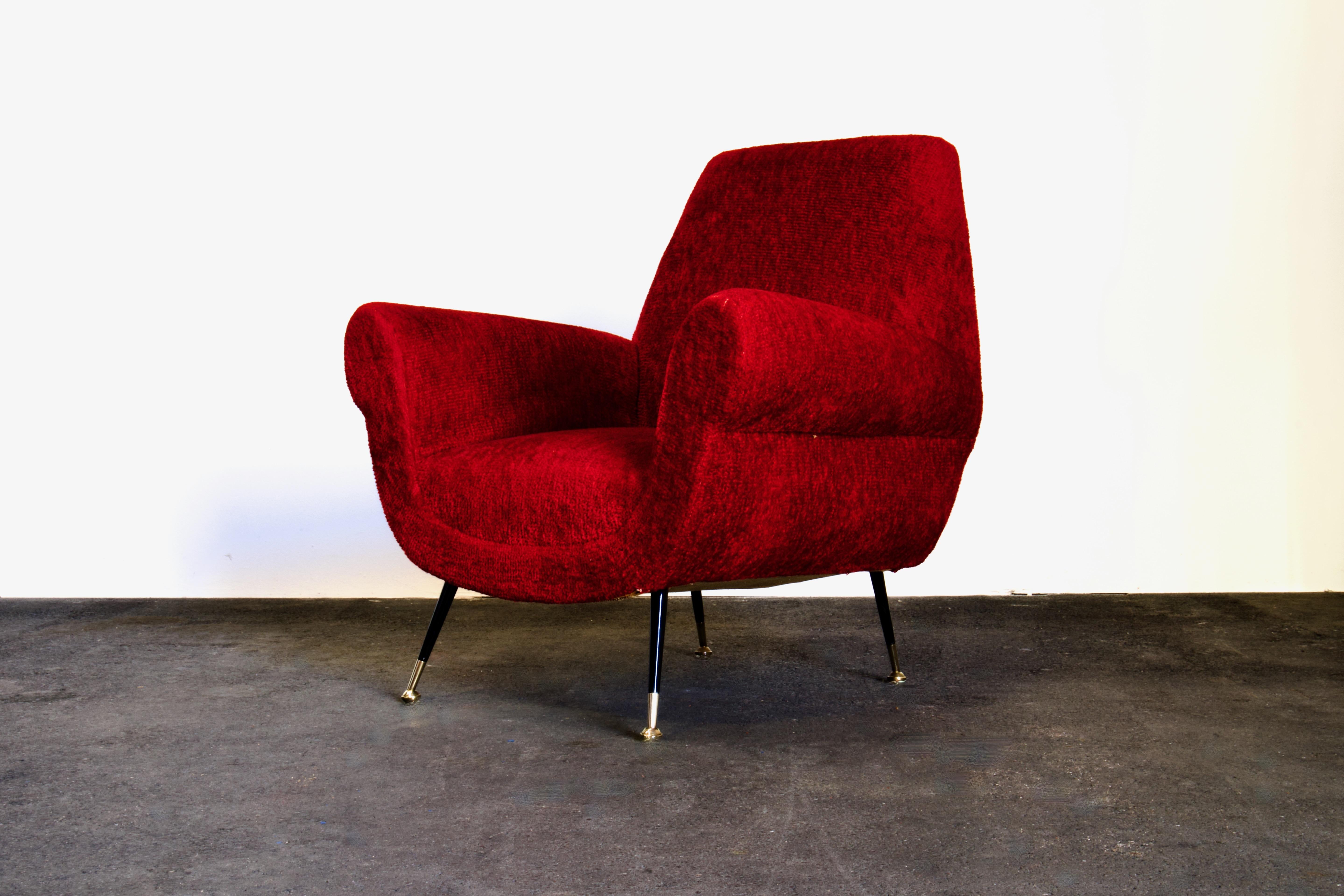 Italian Pair of Gigi Radice Club / Lounge Armchairs for Minotti, 1950s Italy, Red Fabric For Sale