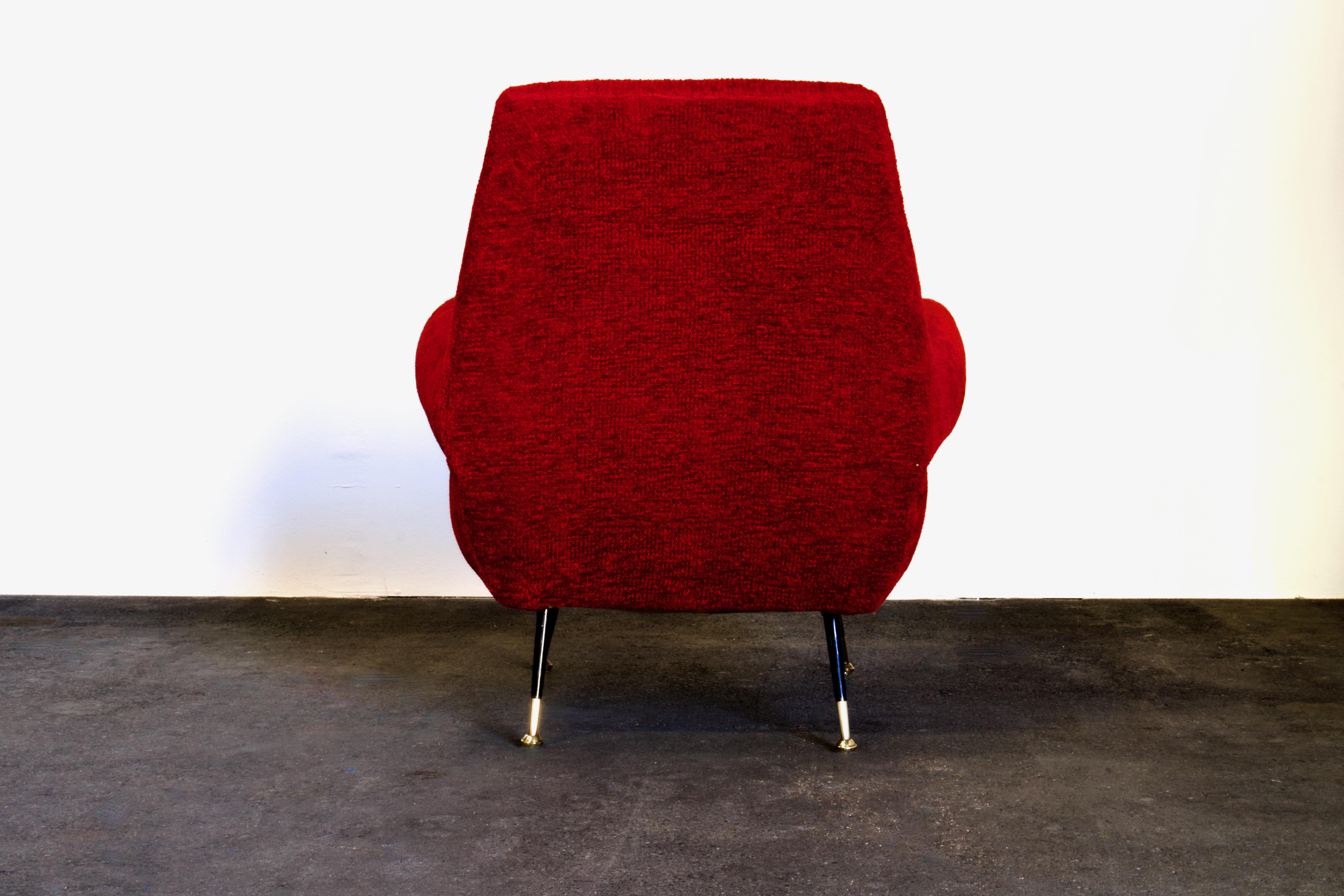 Brass Pair of Gigi Radice Club / Lounge Armchairs for Minotti, 1950s Italy, Red Fabric For Sale
