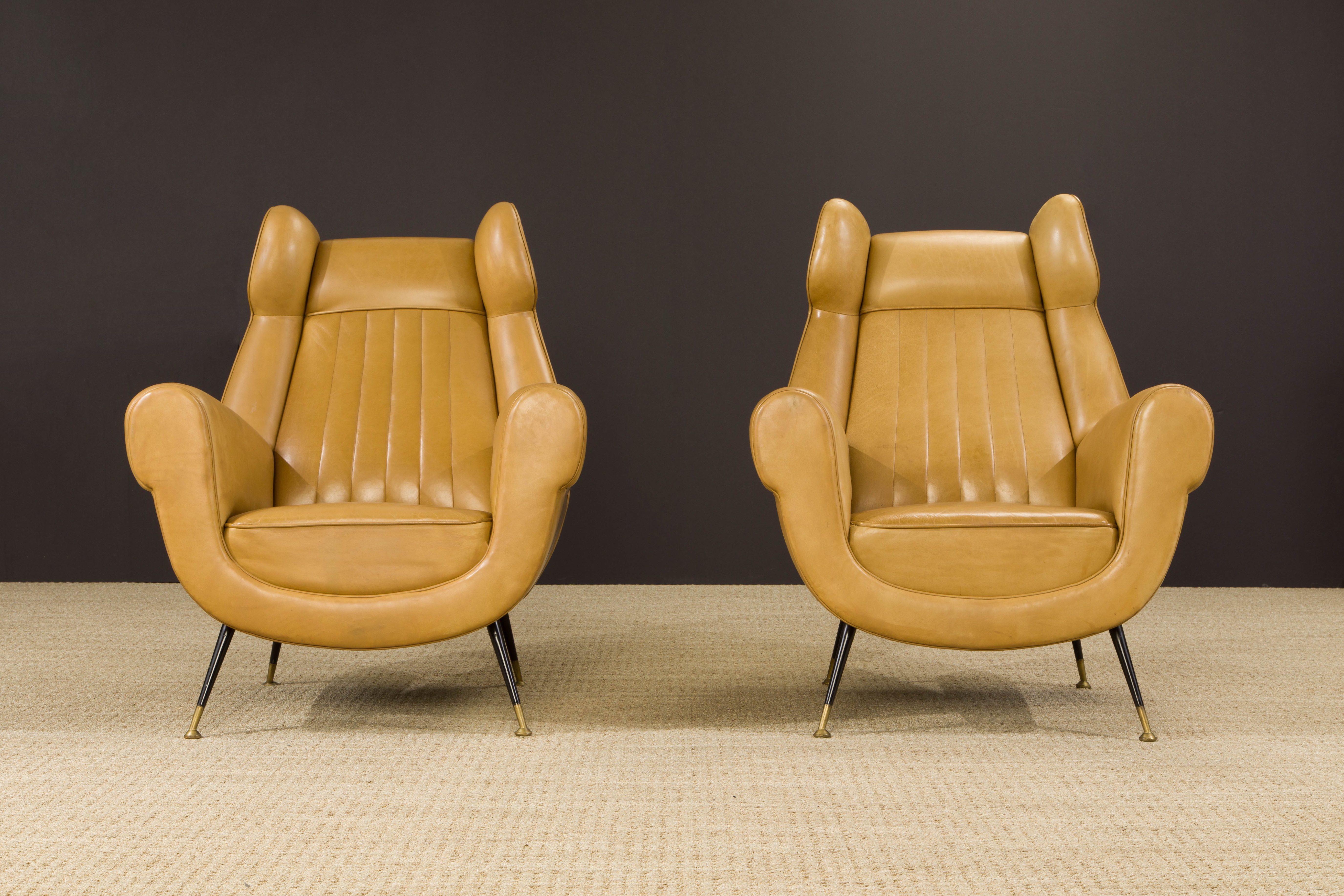 Mid-Century Modern Pair of Gigi Radice for Minotti Leather Wingback Lounge Chairs, Italy, c. 1950s