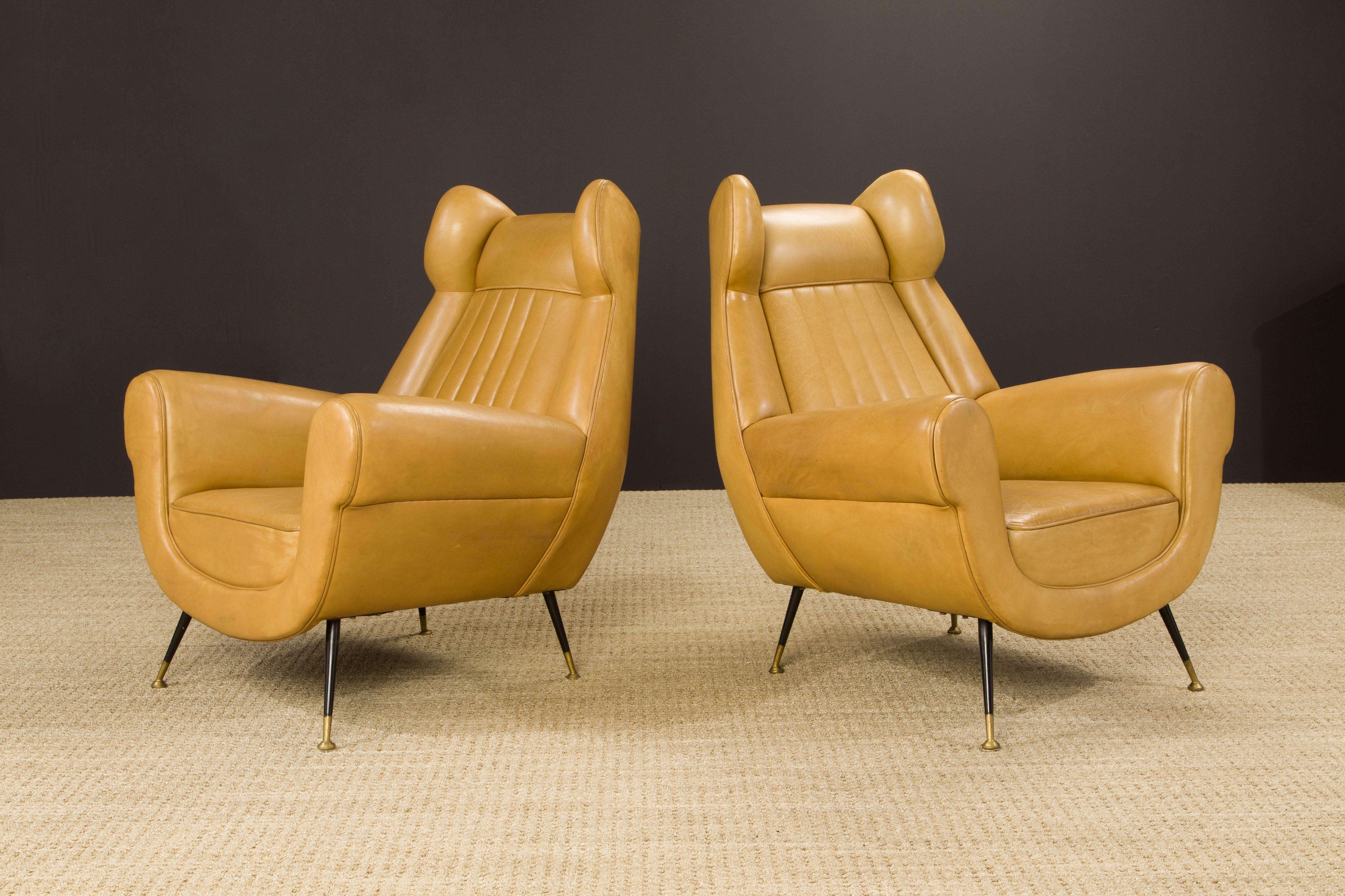Italian Pair of Gigi Radice for Minotti Leather Wingback Lounge Chairs, Italy, c. 1950s