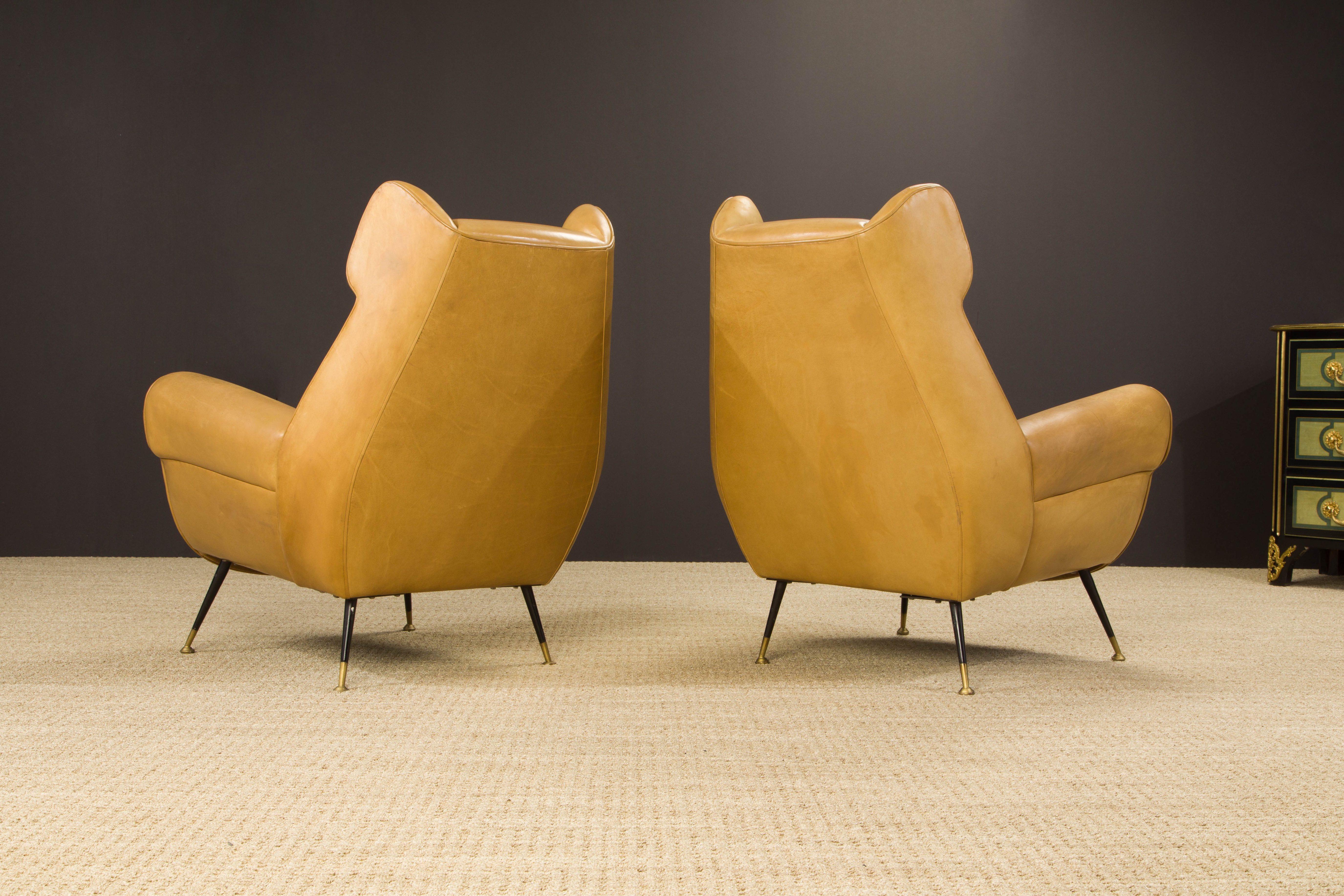 Mid-20th Century Pair of Gigi Radice for Minotti Leather Wingback Lounge Chairs, Italy, c. 1950s