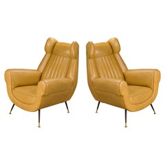 Pair of Gigi Radice for Minotti Leather Wingback Lounge Chairs, Italy, c. 1950s