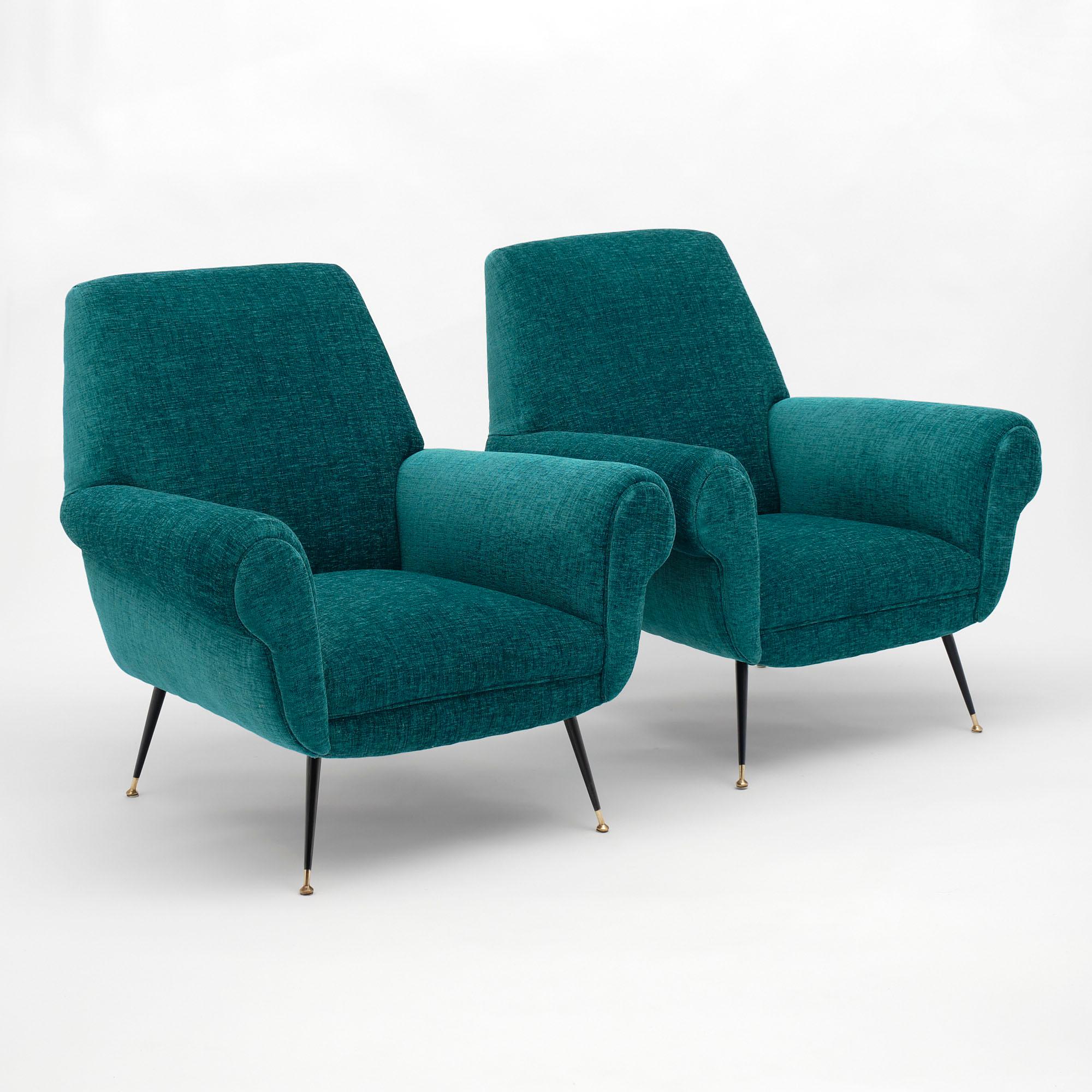 Pair of Italian armchairs by Gigi Radice. Newly upholstered in a teal chenille blend with black lacquered steel and brass stiletto feet.