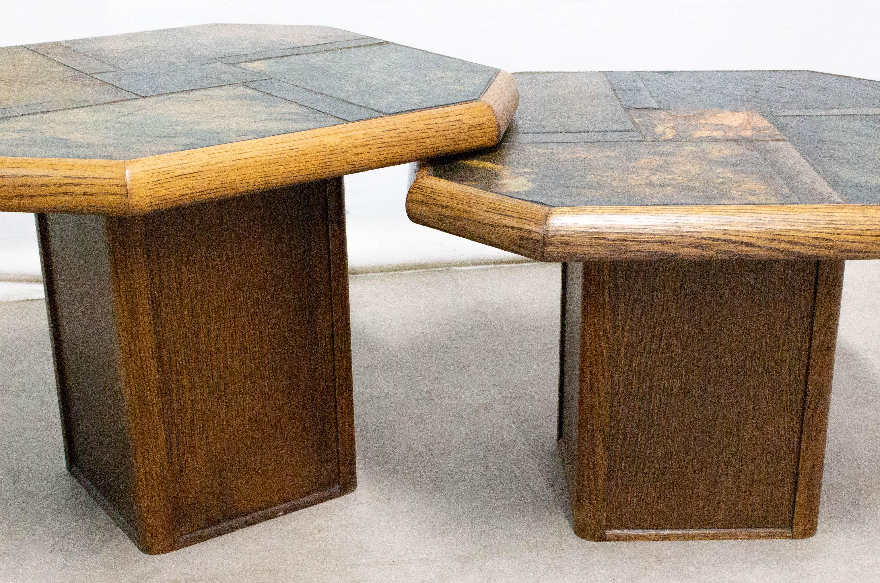 Pair of Gigogne Coffee Table Wood and Slate Stone Top, French, circa 1980 4
