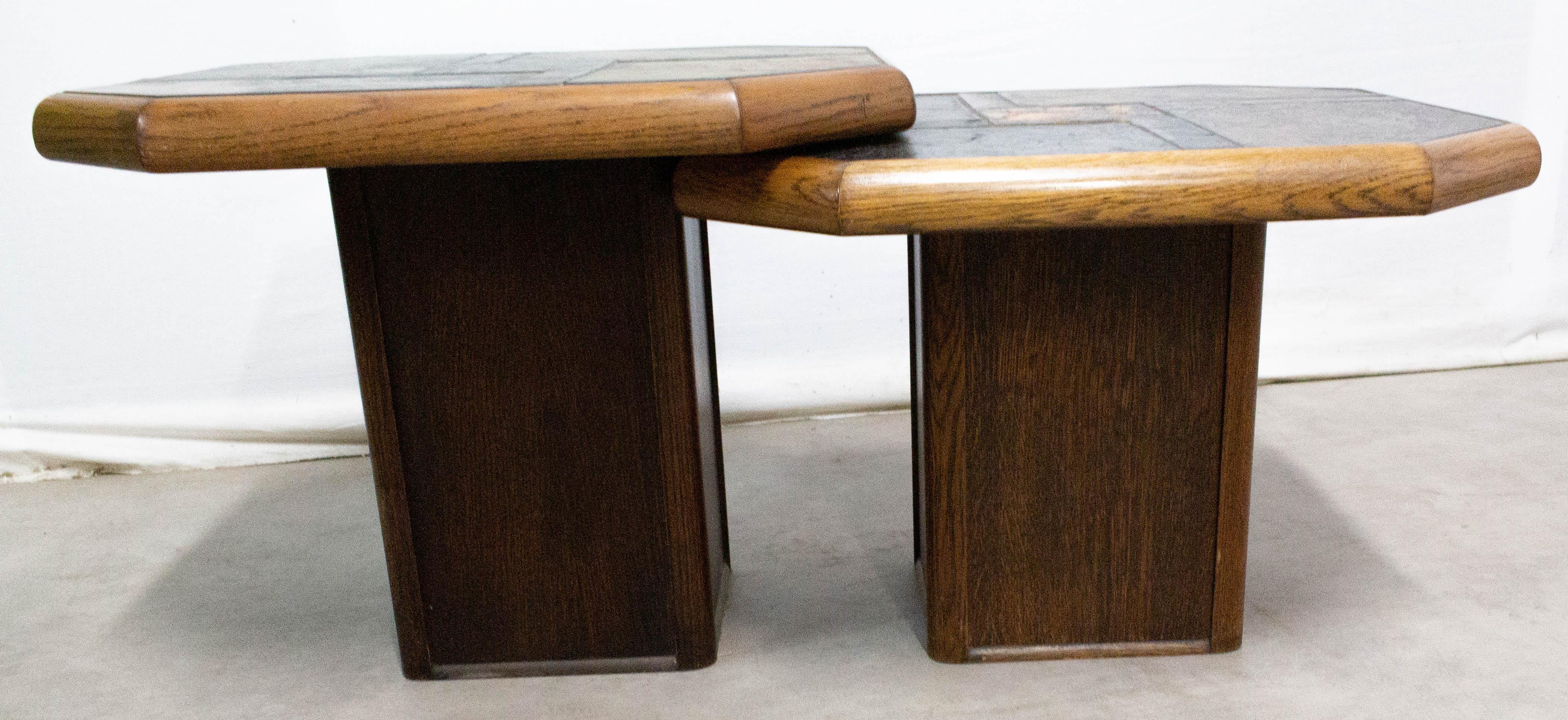 Pair of Gigogne Coffee Table Wood and Slate Stone Top, French, circa 1980 1