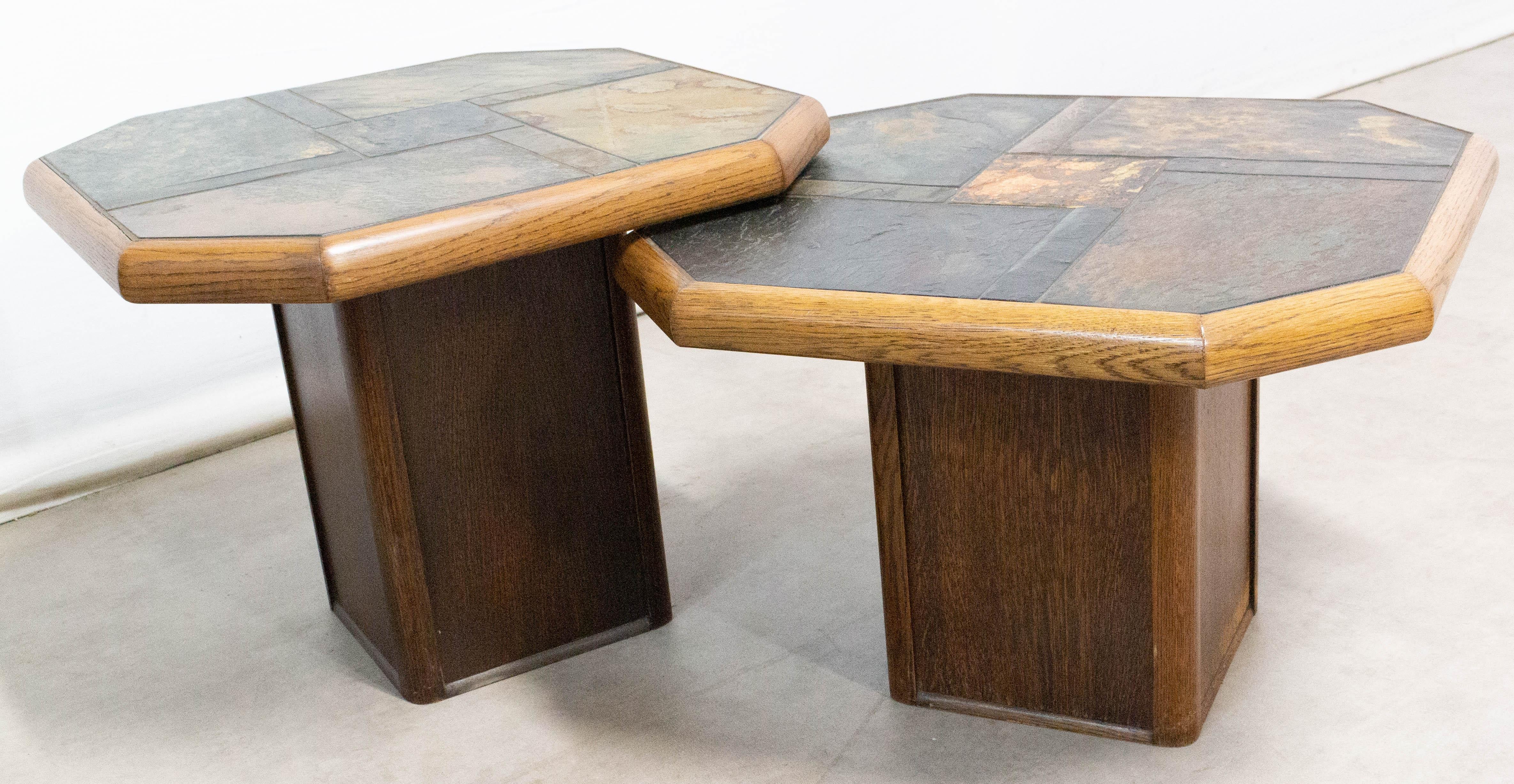 Pair of Gigogne Coffee Table Wood and Slate Stone Top, French, circa 1980 2