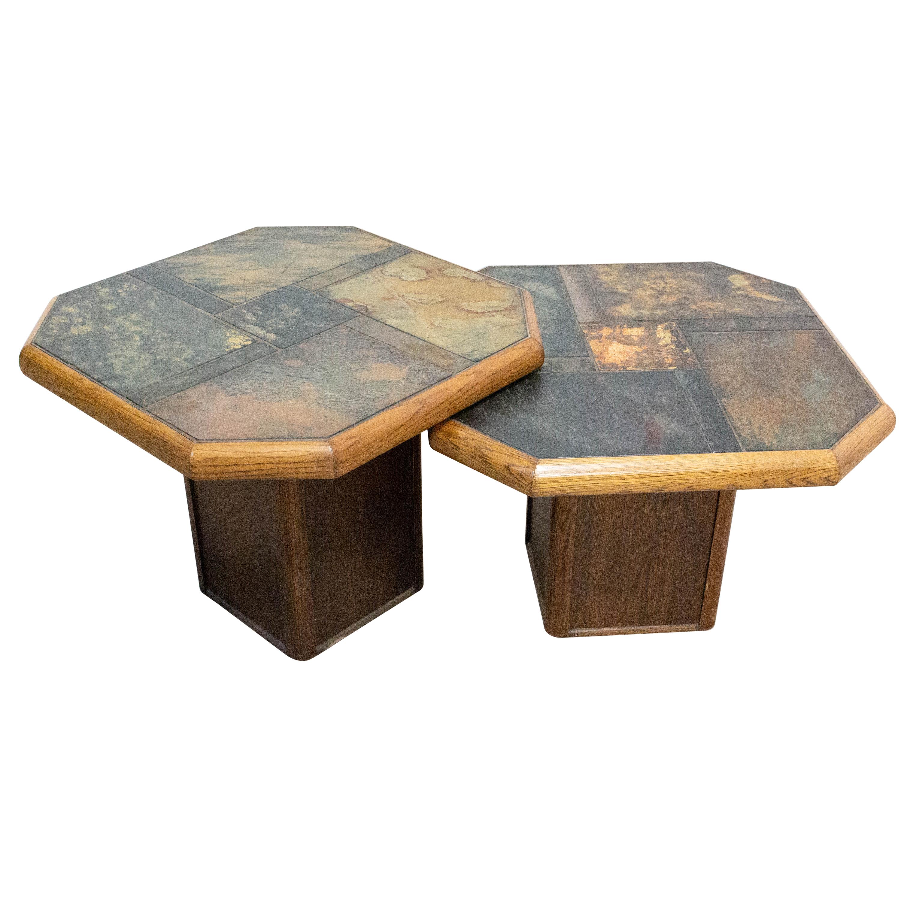 Pair of Gigogne Coffee Table Wood and Slate Stone Top, French, circa 1980