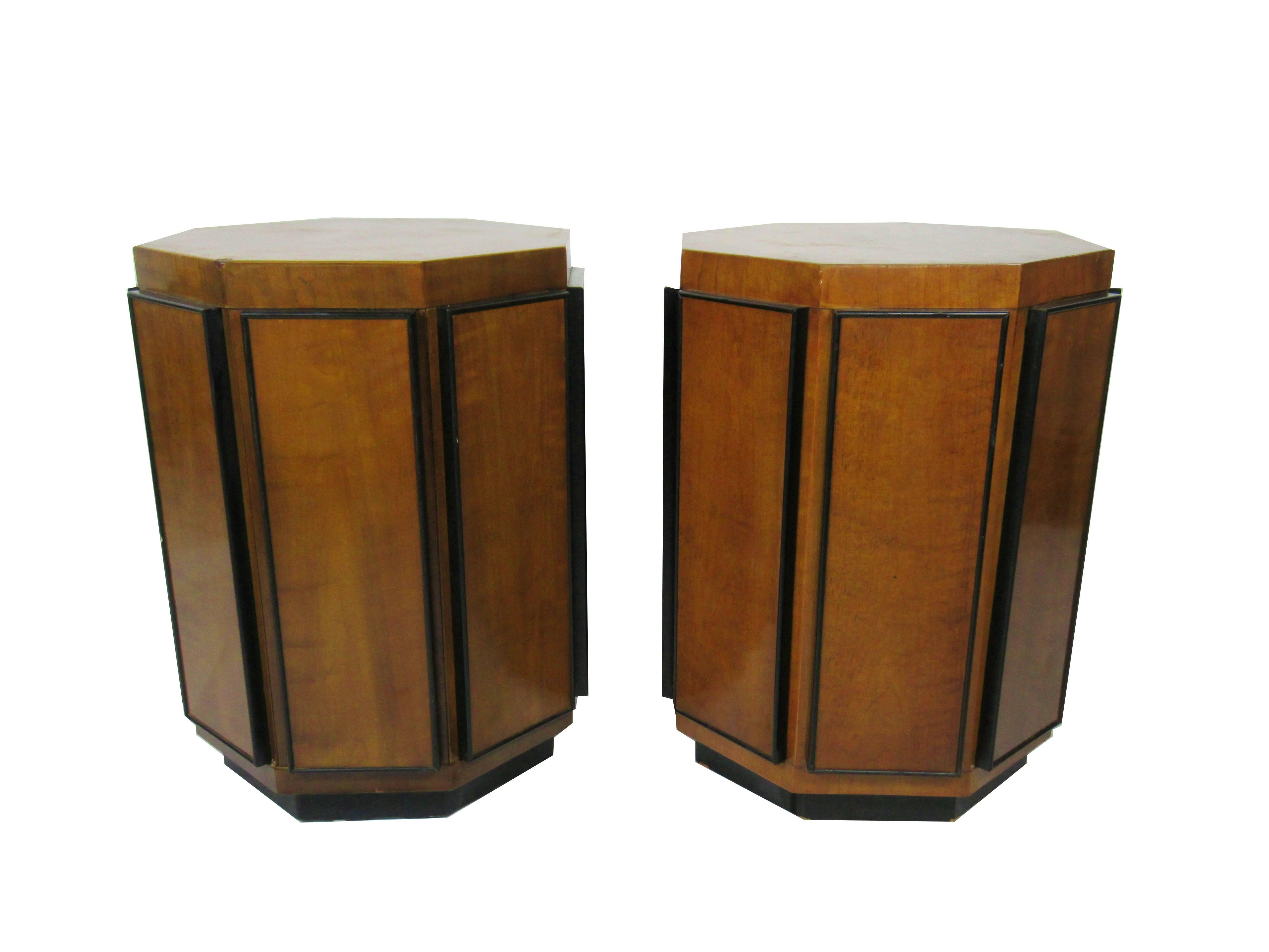 Mid-20th Century Pair of Gilbert Rohde Octagonal Fruitwood and Ebonized Pedestal Tables
