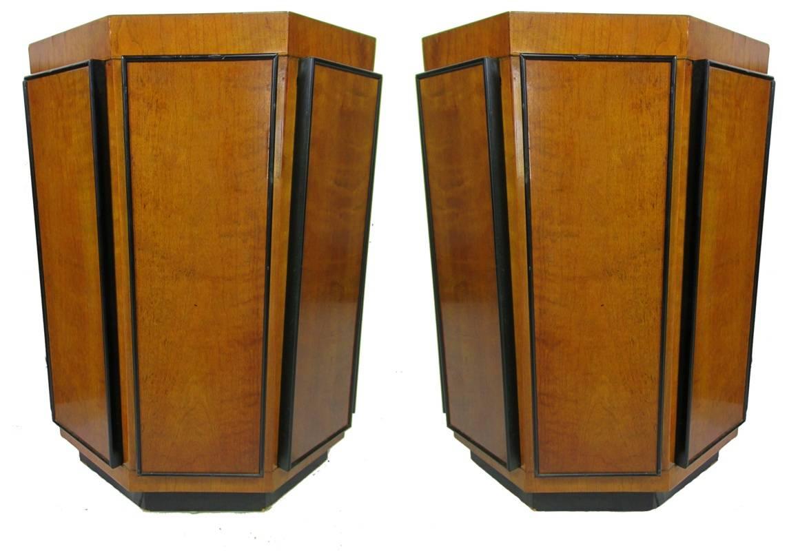 Pair of Gilbert Rohde Octagonal Fruitwood and Ebonized Pedestal Tables 1