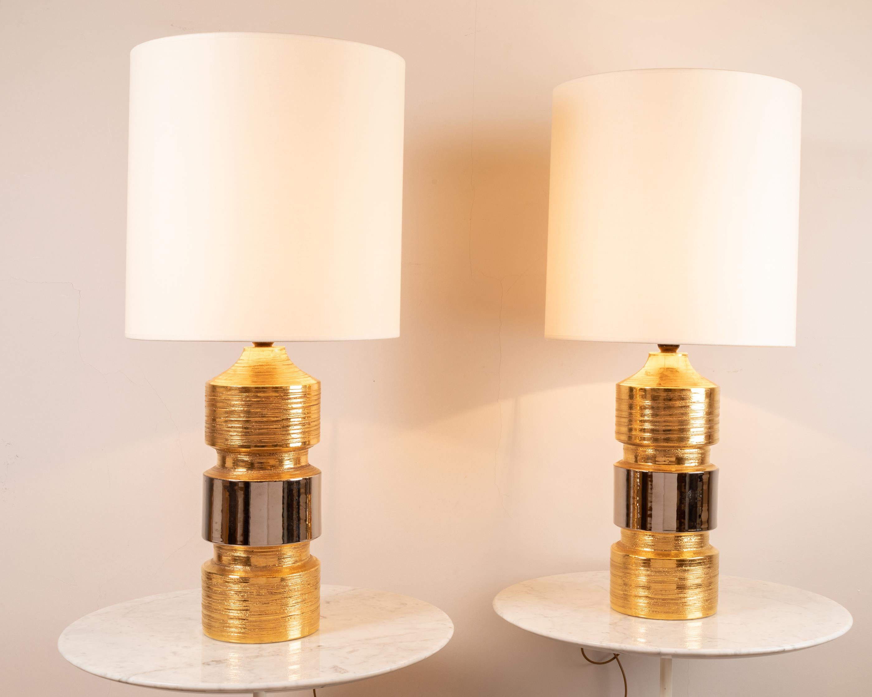 Mid-Century Modern Pair of Gild and Silver Ceramic Lamps by Bitossi, 1960's