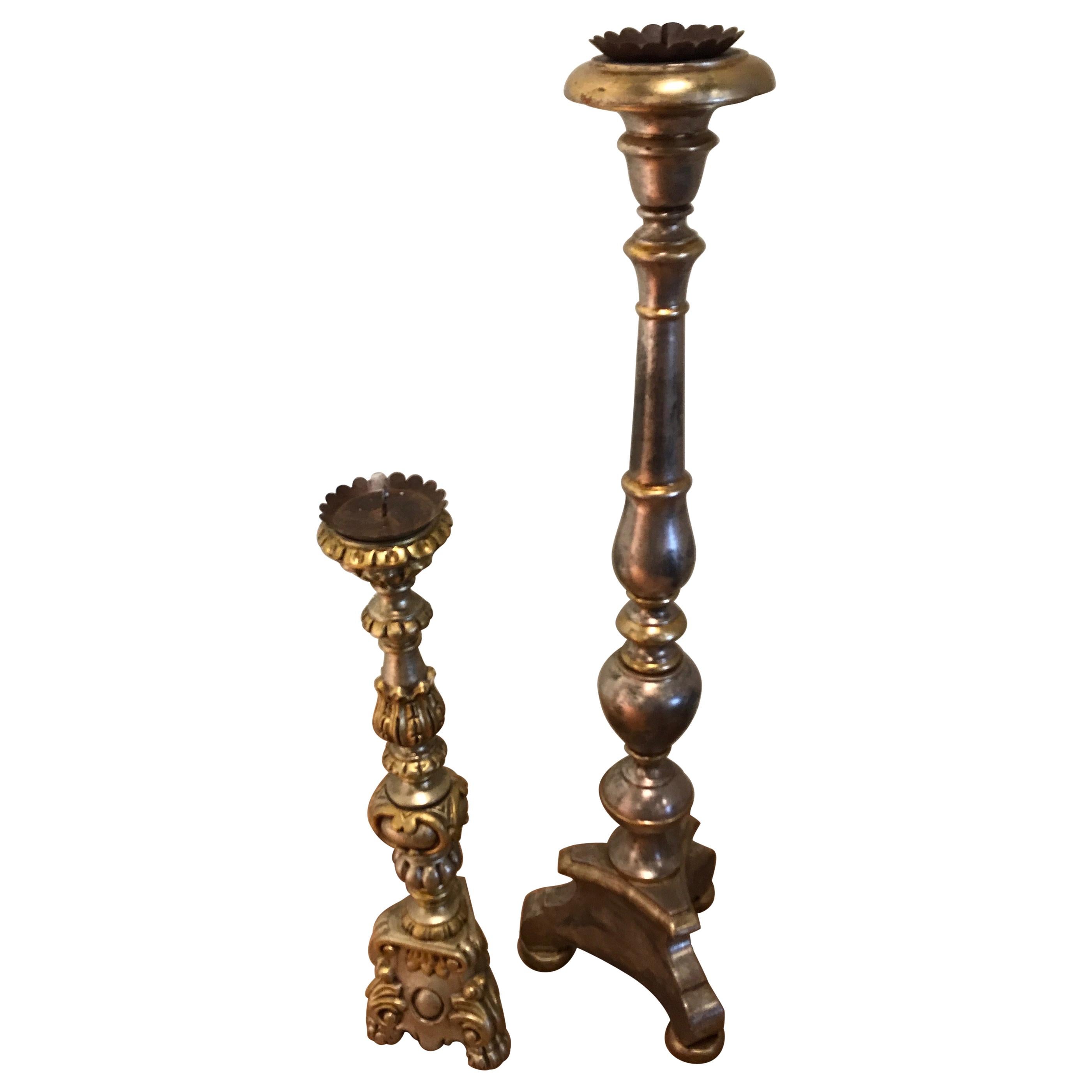 Pair of Gilded and Carved Altar Candlesticks For Sale