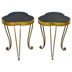 Pair of Gilded and Hammered Iron Italian Side Tables with Leather Tops