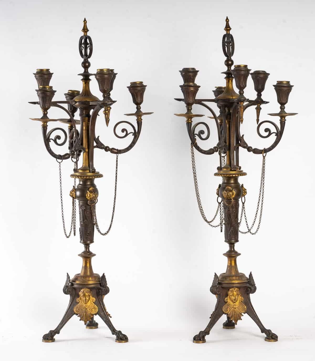 Bronze Pair of Gilded and Patinated Candlesticks