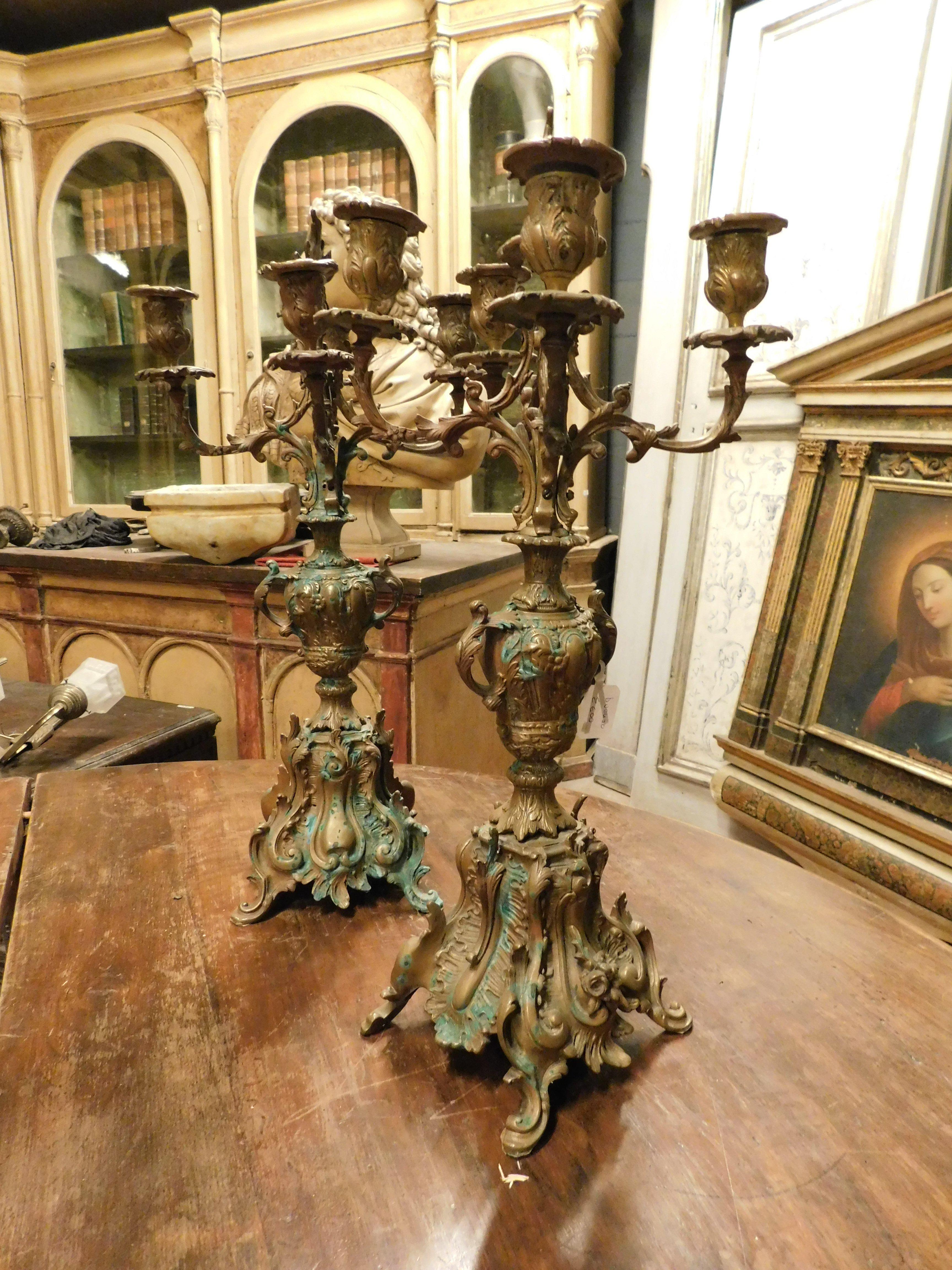 19th Century Pair of gilded and sculpted bronze candelabra, Italy For Sale