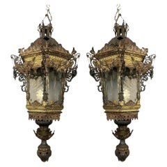 Antique Pair of gilded and stamped copper lanterns, 19th century, Venice, Italy