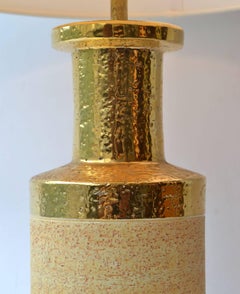 Pair of Italian 1970s Bitossi Stoneware Cylinder Lamps with Gold Detailing