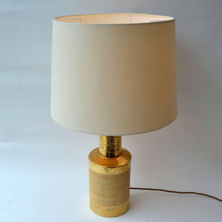 Plated Pair of Gilded and Stoneware Ceramic Table Lamps by Bitossi, Italy For Sale