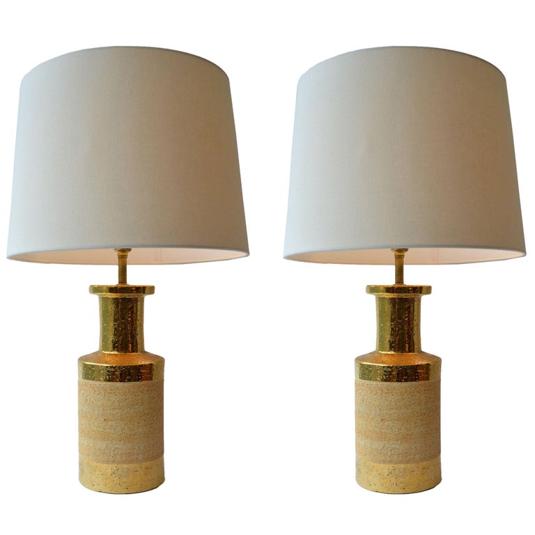 Pair of Gilded and Stoneware Ceramic Table Lamps by Bitossi, Italy For Sale