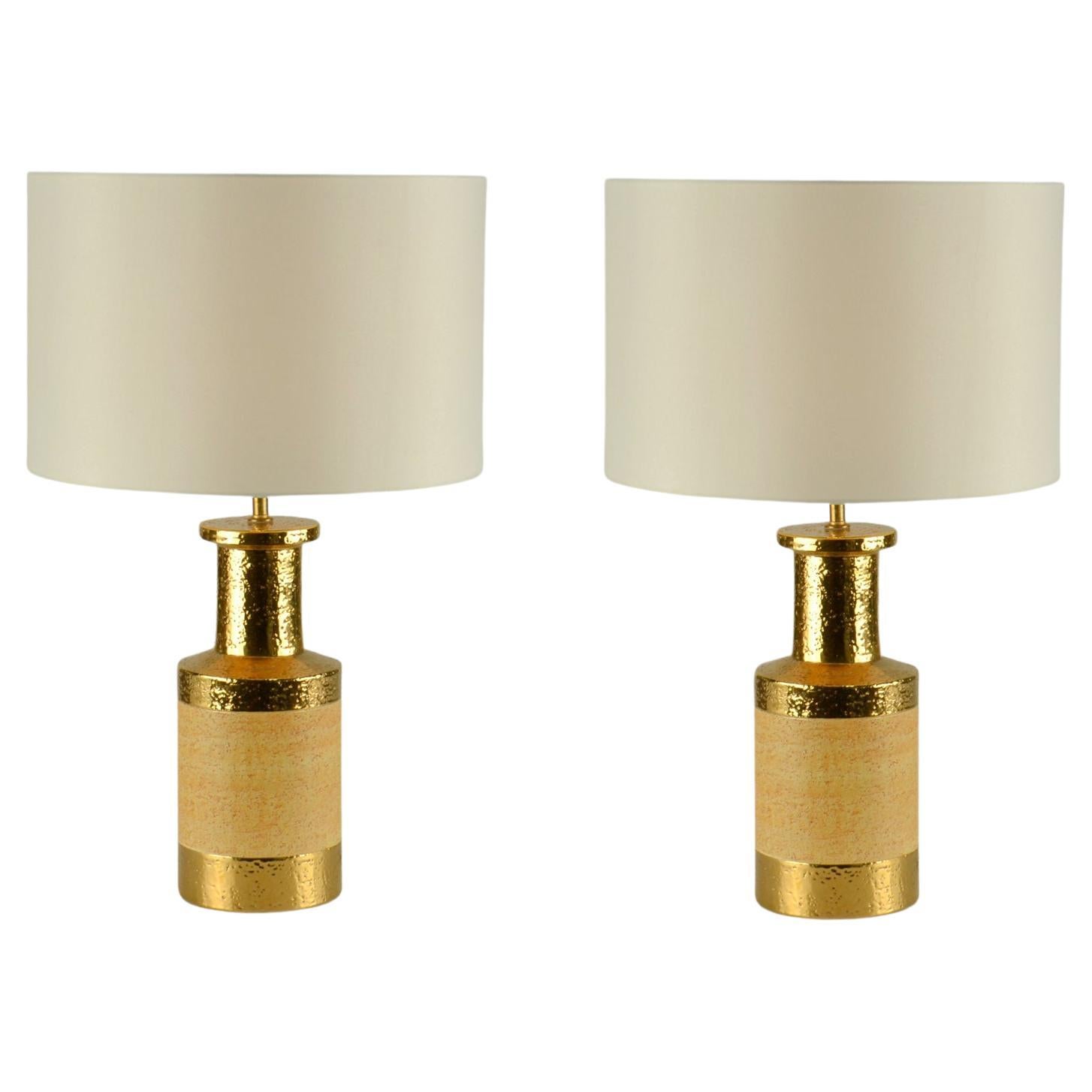 Pair of Bitossi Gilded Stoneware Ceramic Table Lamps, Italy 1970s