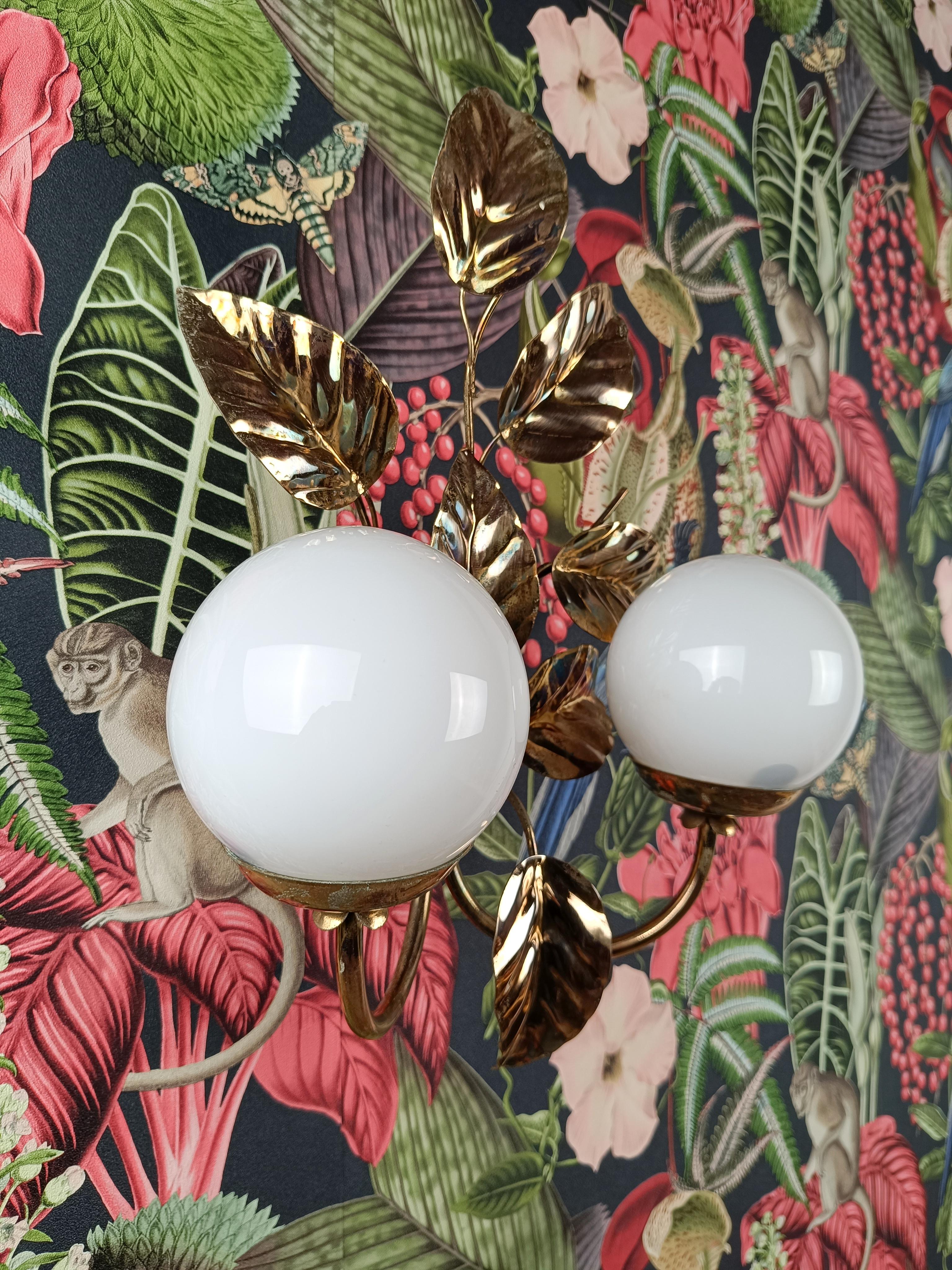 Opaline Glass Pair of Gilded and White Opaline Wall Lights Sconces in the style of Hans Kögl  For Sale