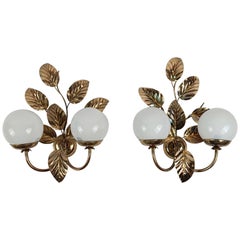 Pair of Gilded and White Opaline Wall Lights Sconces in the style of Hans Kögl