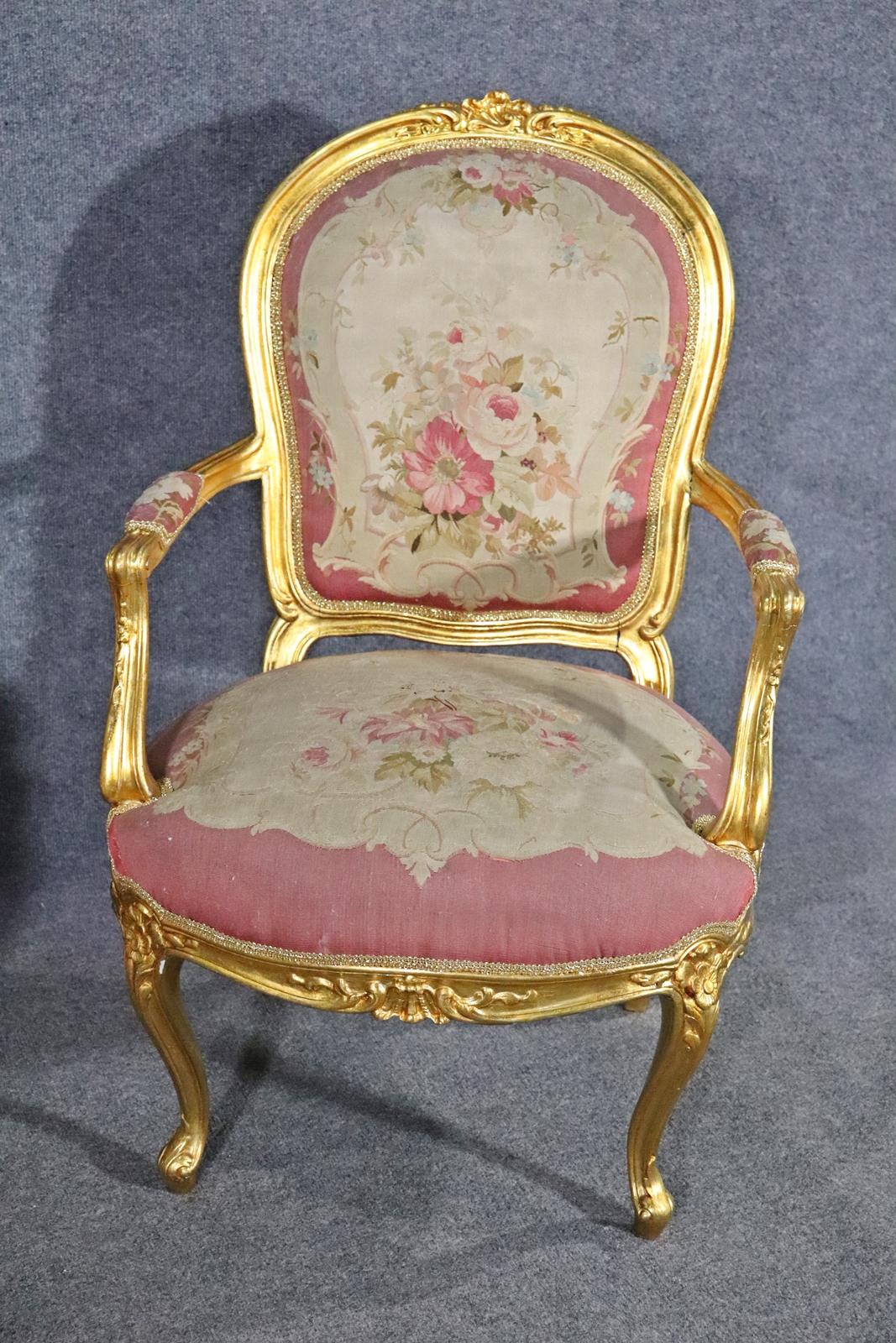 Mid-20th Century Pair of Gilded Aubusson Upholstered French Louis XV Armchairs Fauteuils 
