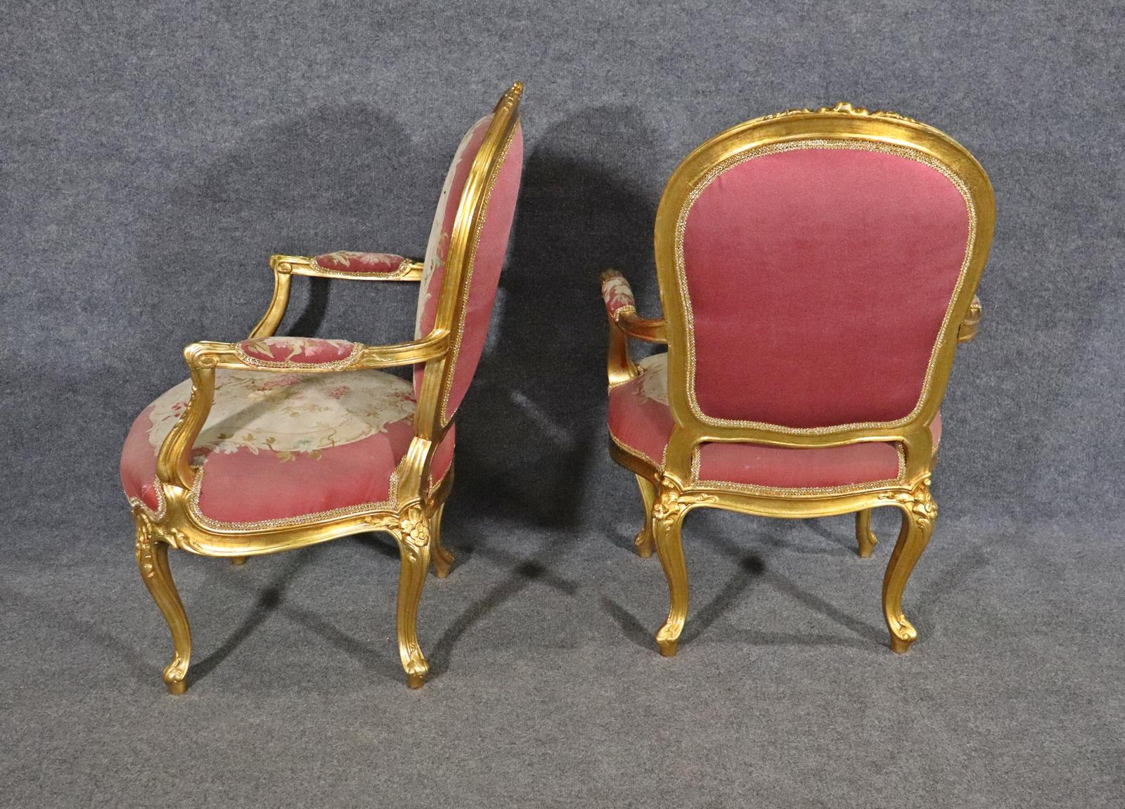 Walnut Pair of Gilded Aubusson Upholstered French Louis XV Armchairs Fauteuils 