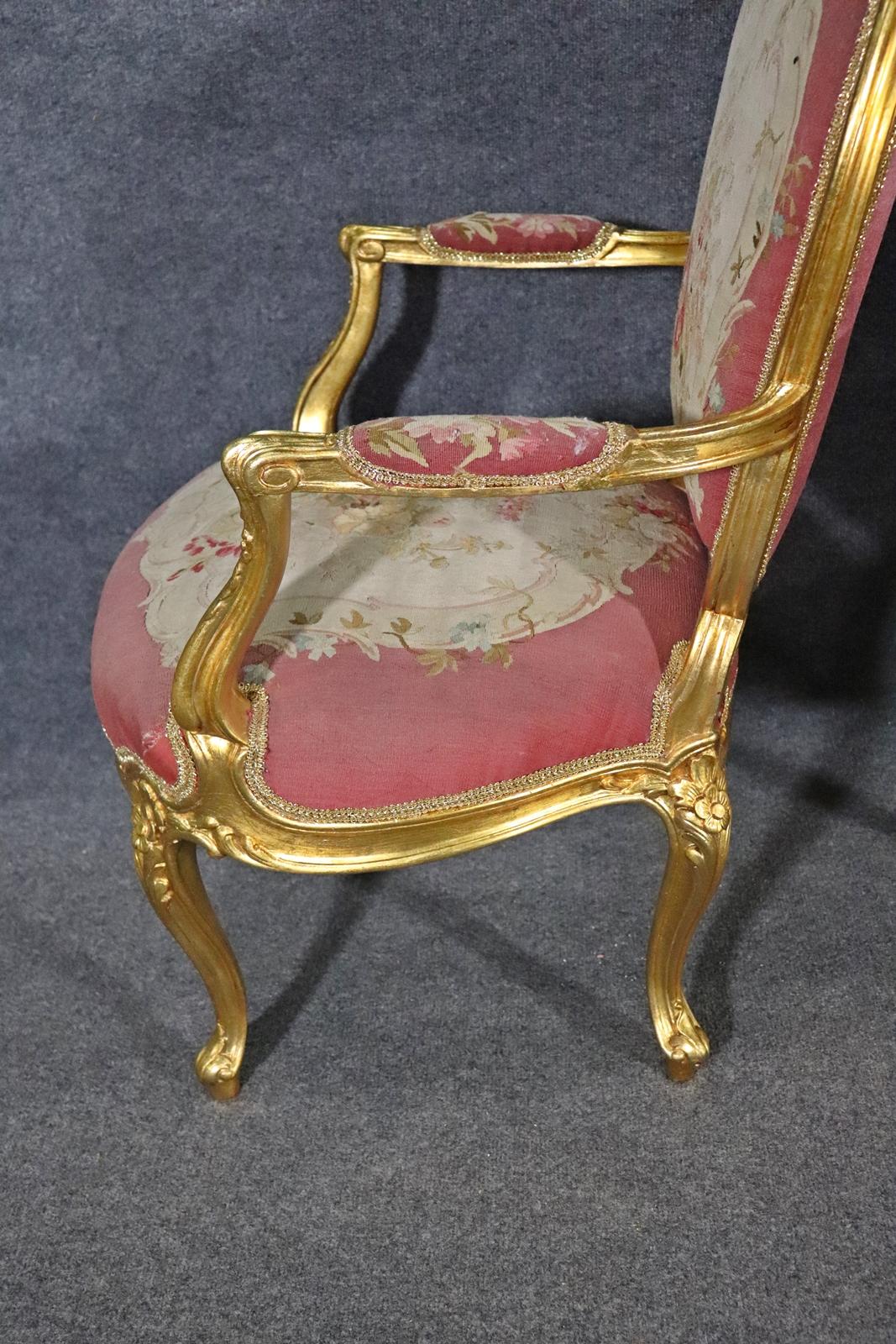 Pair of Gilded Aubusson Upholstered French Louis XV Armchairs Fauteuils  1
