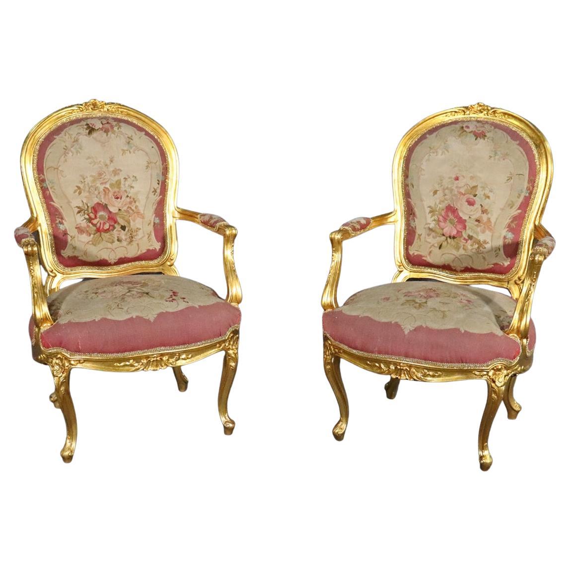 Pair of Gilded Aubusson Upholstered French Louis XV Armchairs Fauteuils 
