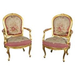 Pair of Gilded Aubusson Upholstered French Louis XV Armchairs Fauteuils