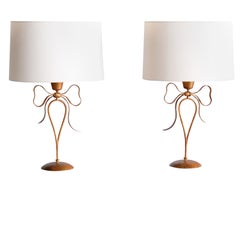 Pair of Gilded Bow Shaped Table Lamps by Mingazzi Bologna, Italy, 1950s