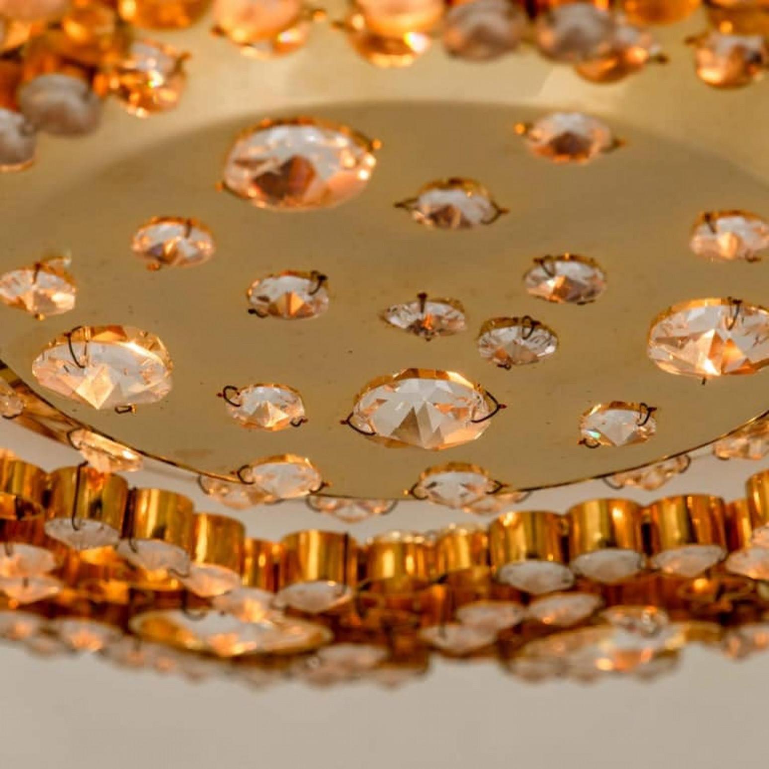 Pair of Gilded Brass and Crystal Glass Flush Mount Wall Light by Palwa, 1960s en vente 2